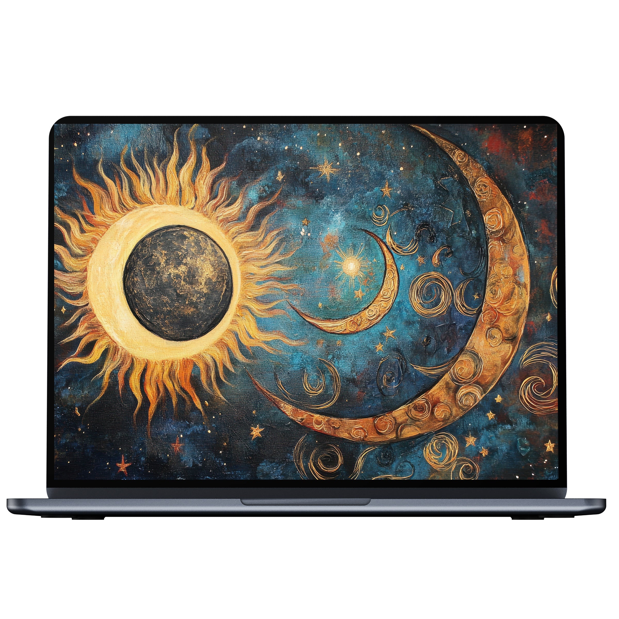 Boho desktop wallpaper with celestial sun and moon design for digital download fits PC laptop Mac inspiring calm elegance