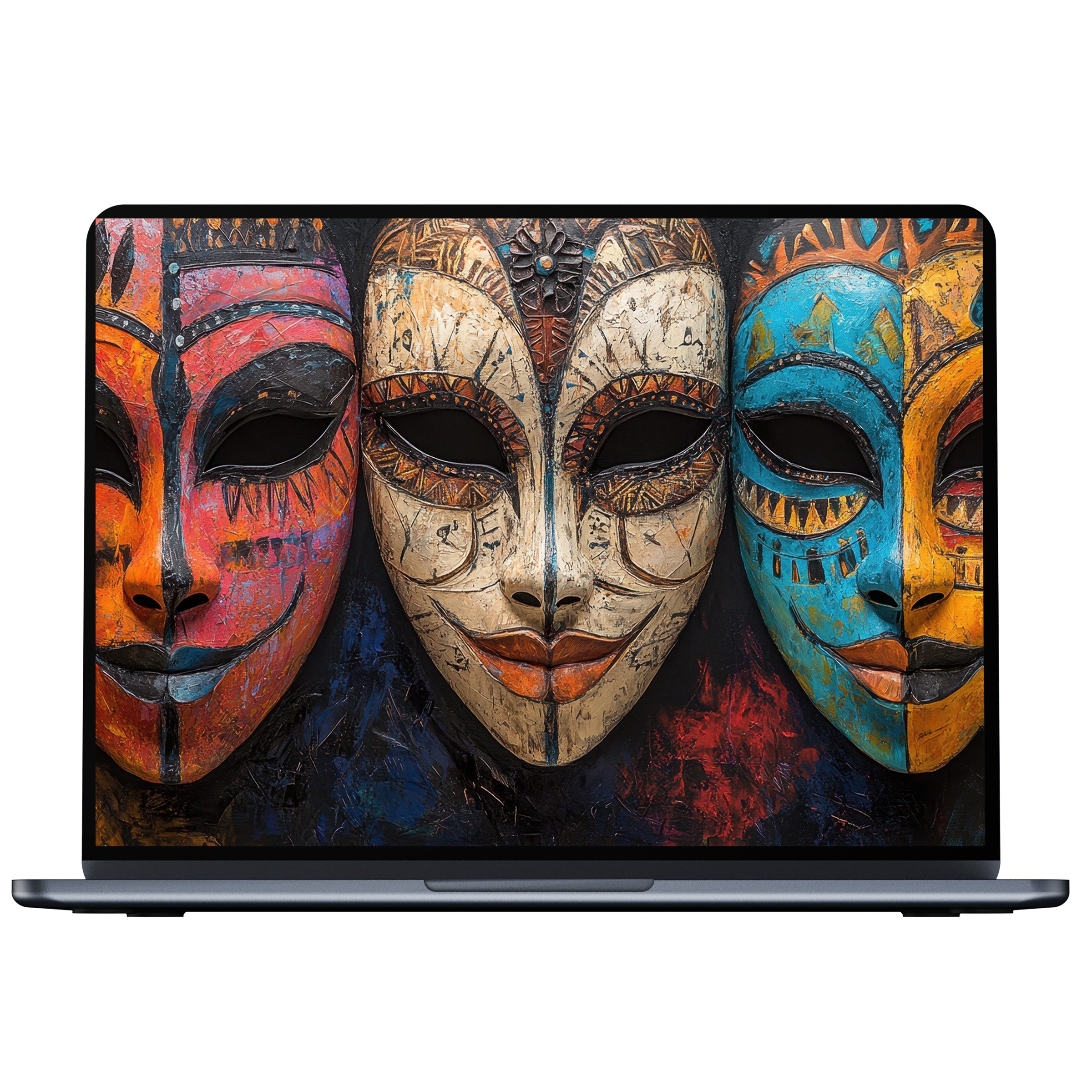 Boho desktop wallpaper featuring vibrant tribal masks in red, cream, and blue for PC and laptop digital download offering elegance and calm