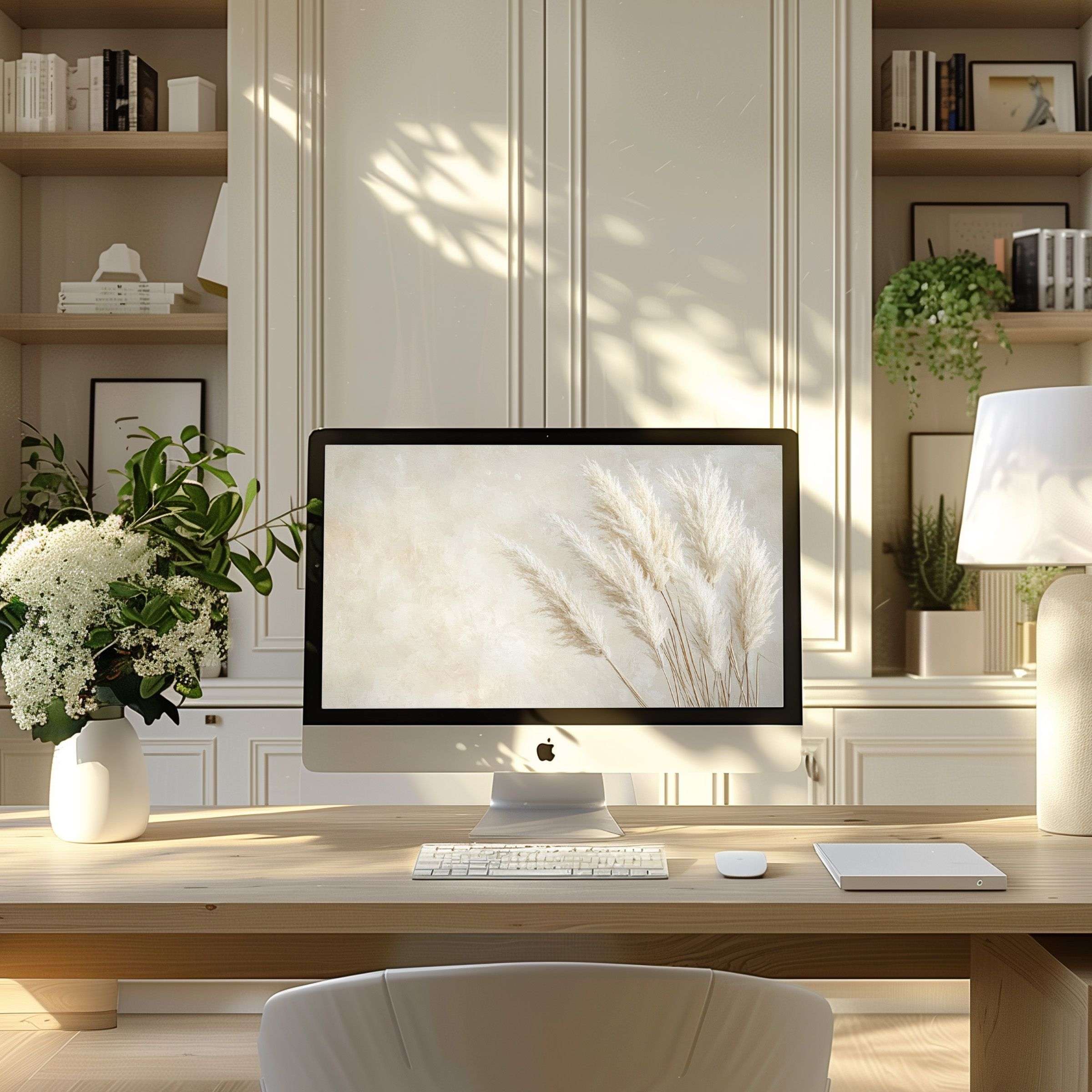 iMac on wooden desk in cozy modern home office displaying a soft neutral boho wallpaper for Mac with pampas grass on a beige textured background, perfect for minimalist interiors