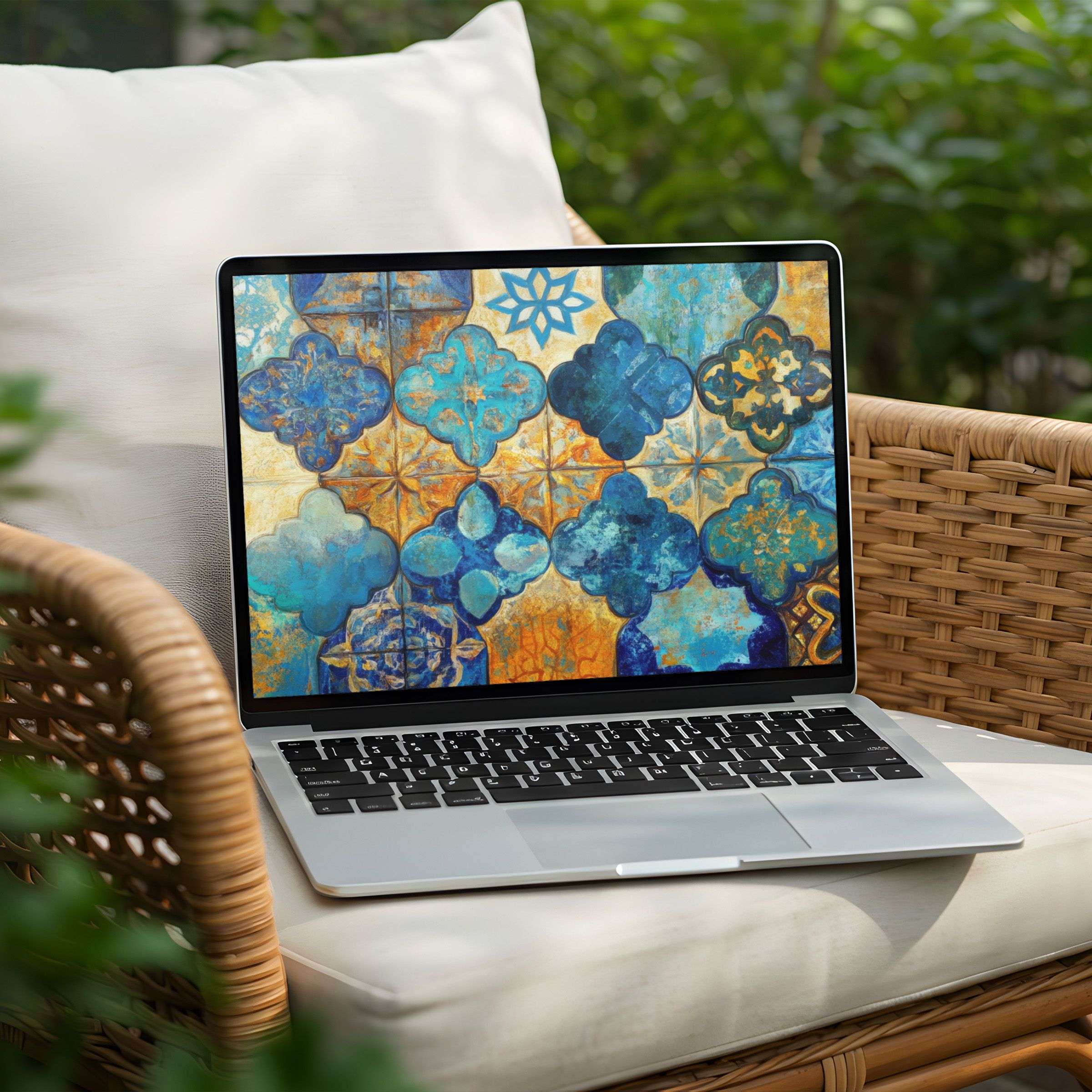 Vibrant blue and gold mosaic desktop background for PC or Laptop instant download brings elegance and calm to your workspace