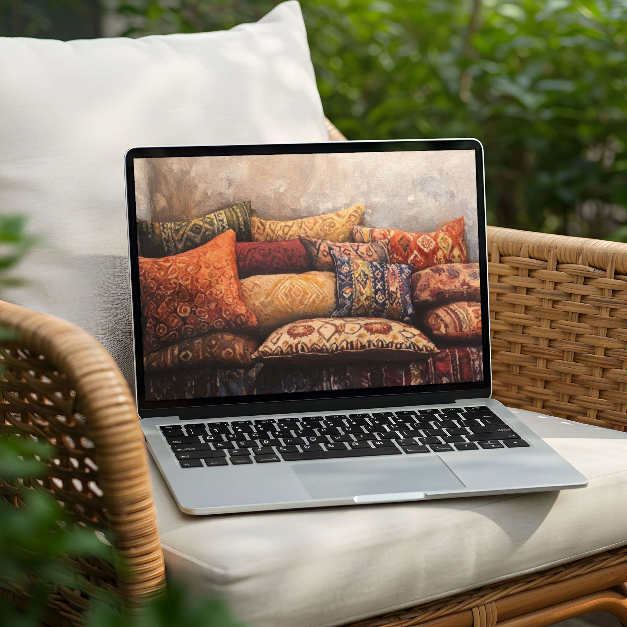 Elegant boho pillow design desktop background for instant download on PC or Laptop inspiring calm and artistic mindfulness