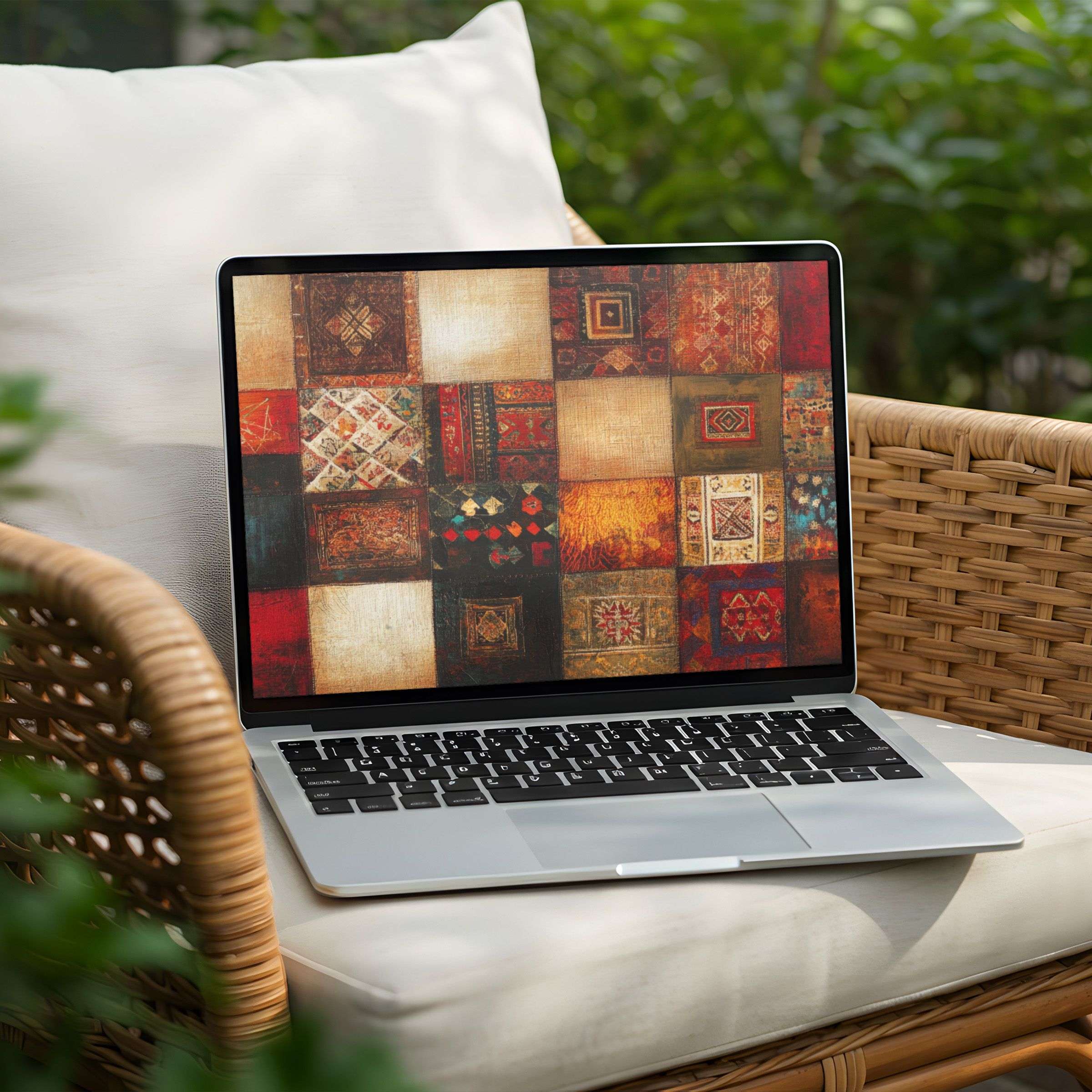 Laptop displaying a vibrant patchwork desktop background offers instant download for PC users seeking elegance and mindfulness