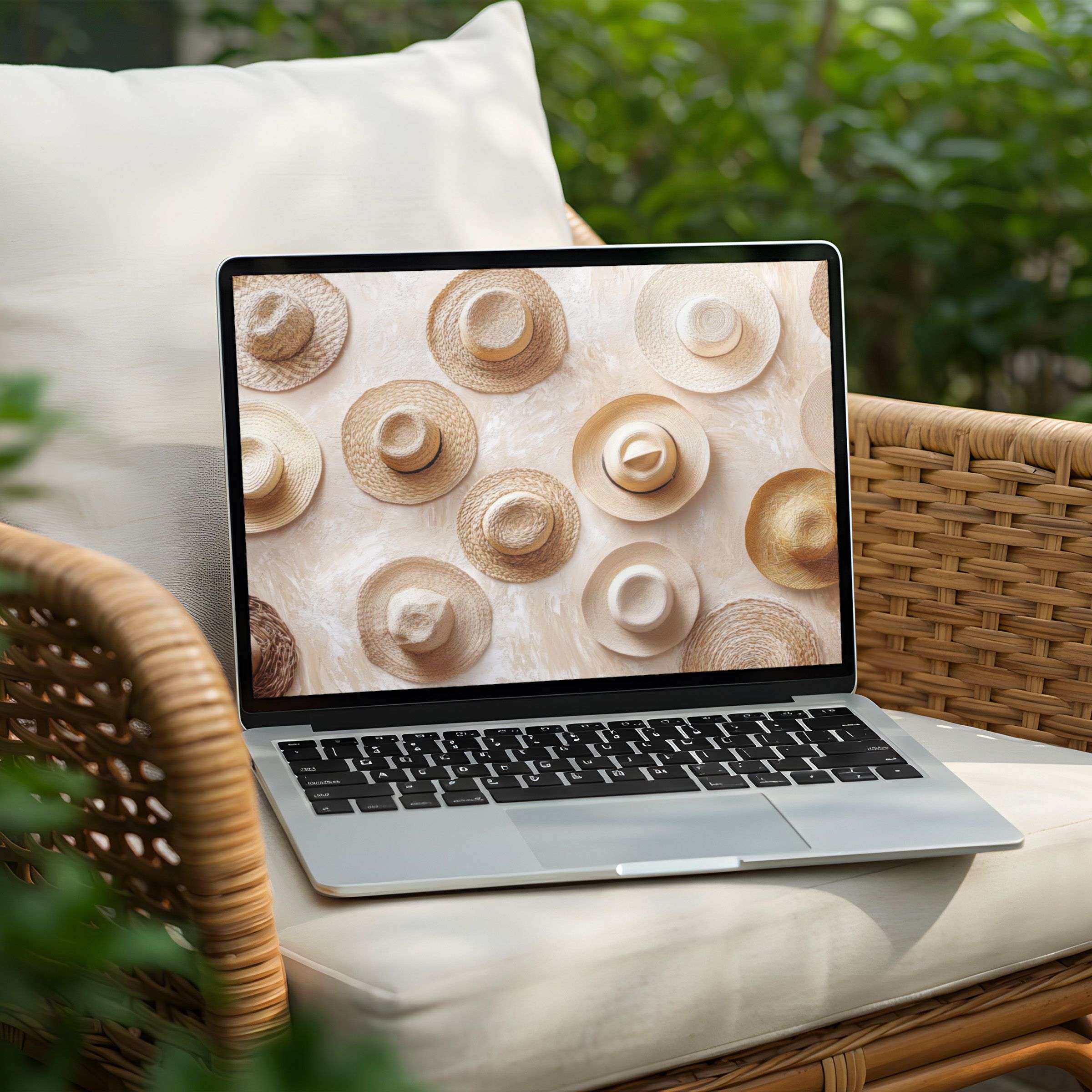 Elegant woven hats embody calm on this serene desktop background for PC or Laptop, perfect for instant download