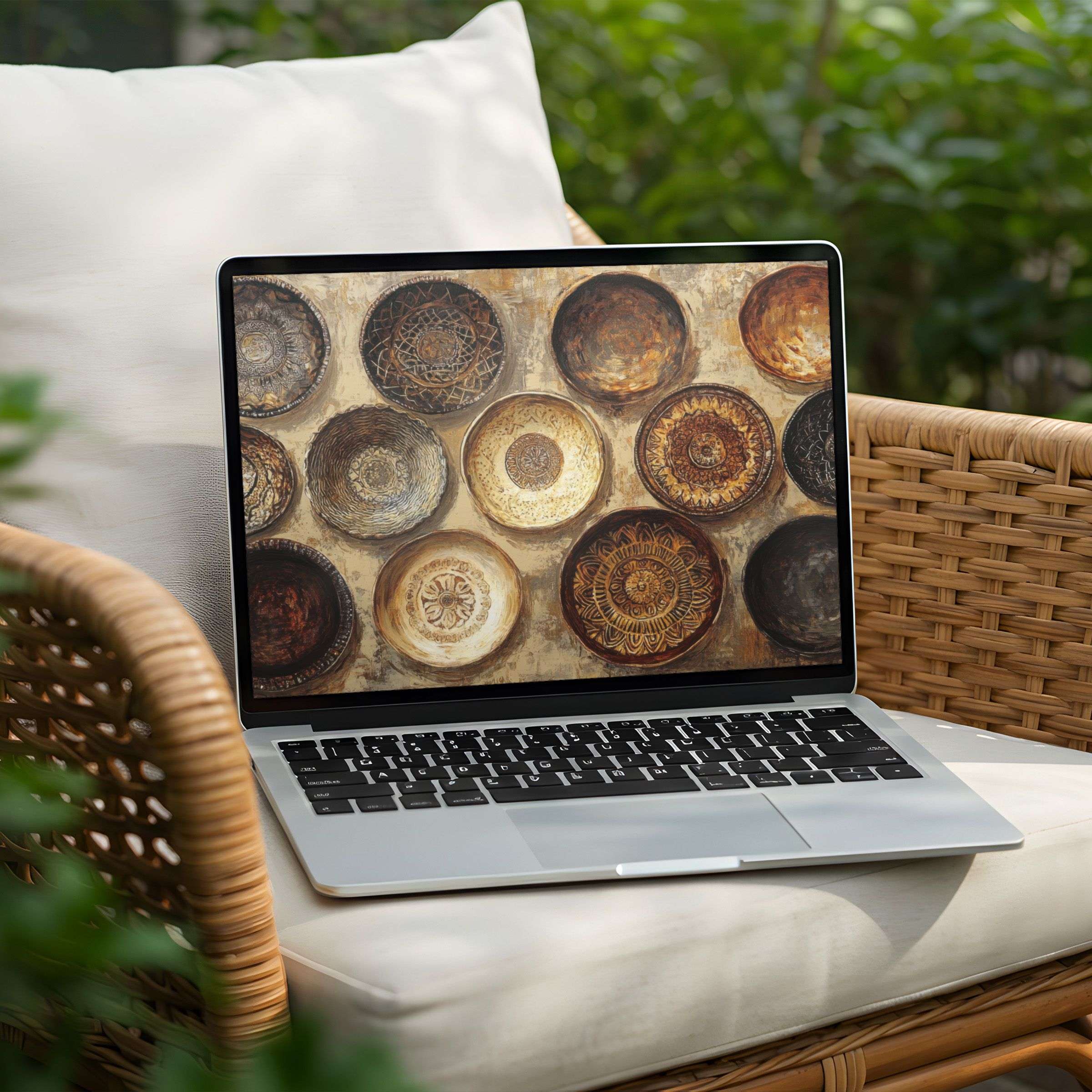 Elegant mandala patterns in earthy tones for PC and Laptop desktop background, offering an instant download for mindful inspiration