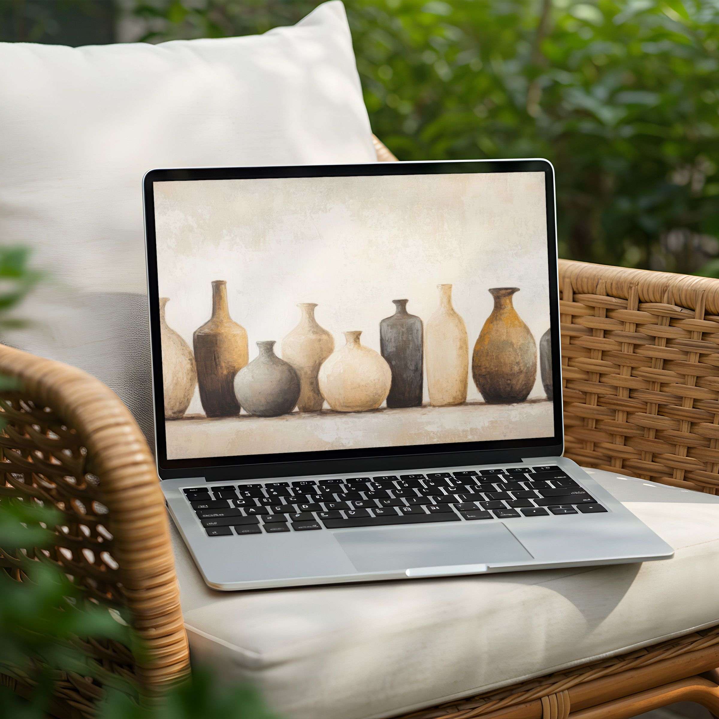 Elegant neutral-toned pottery art desktop background for PC and Laptop instant download fostering mindful calm and inspiration