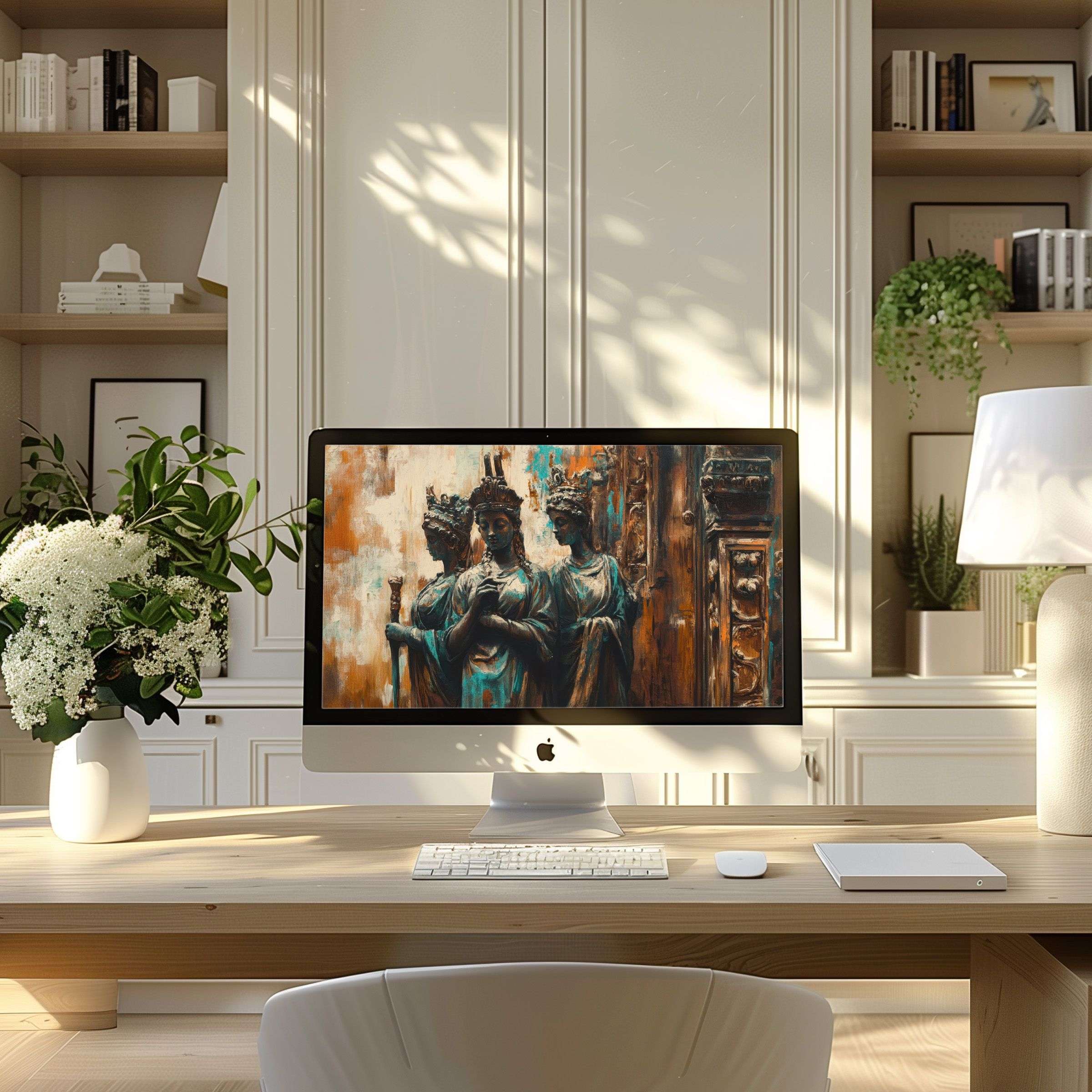 Elegant digital art wallpaper for computer evokes calm and inspiration, perfect for PC or laptop in a modern home office setting