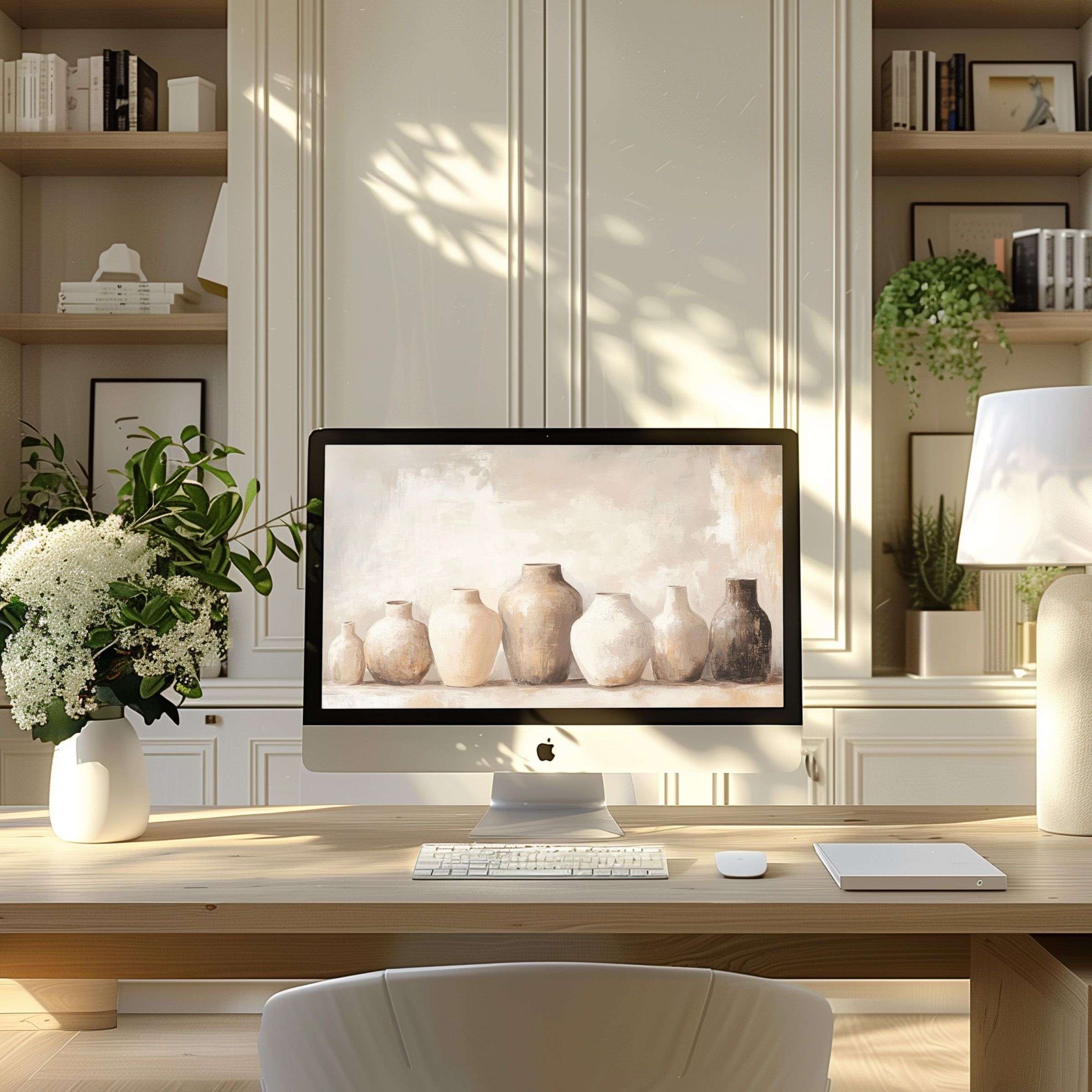 Elegant ceramic vase art as a wallpaper for computer creating calm inspiration in a modern PC or laptop home office setting