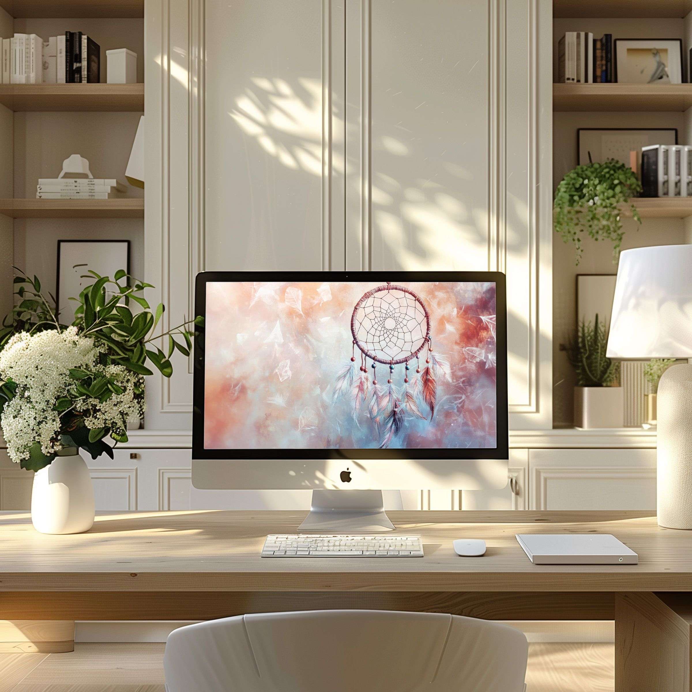 Dreamcatcher art wallpaper for computer, PC, and Laptop in a modern home office inspires calm and elegance, perfect for digital download