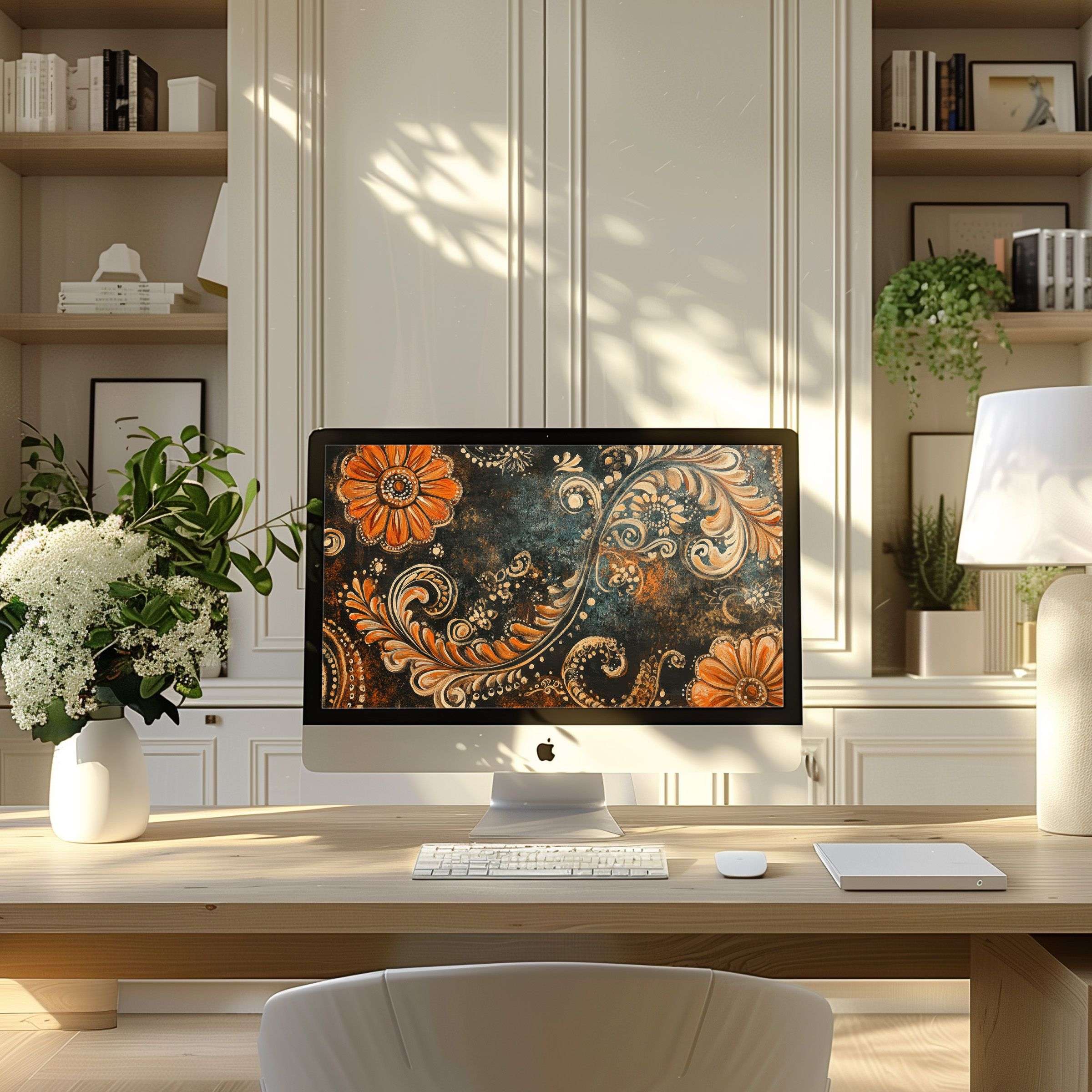 Elegant floral motif wallpaper for computer elevates your PC and laptop space in a serene, modern home office setting