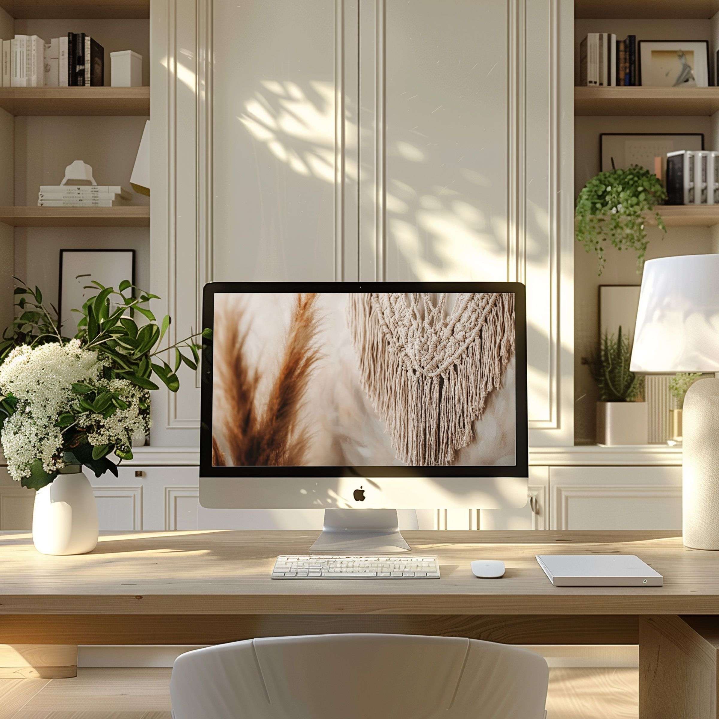 Elegant beige macramé design wallpaper for computer adds calm inspiration to your modern home office PC or laptop setup