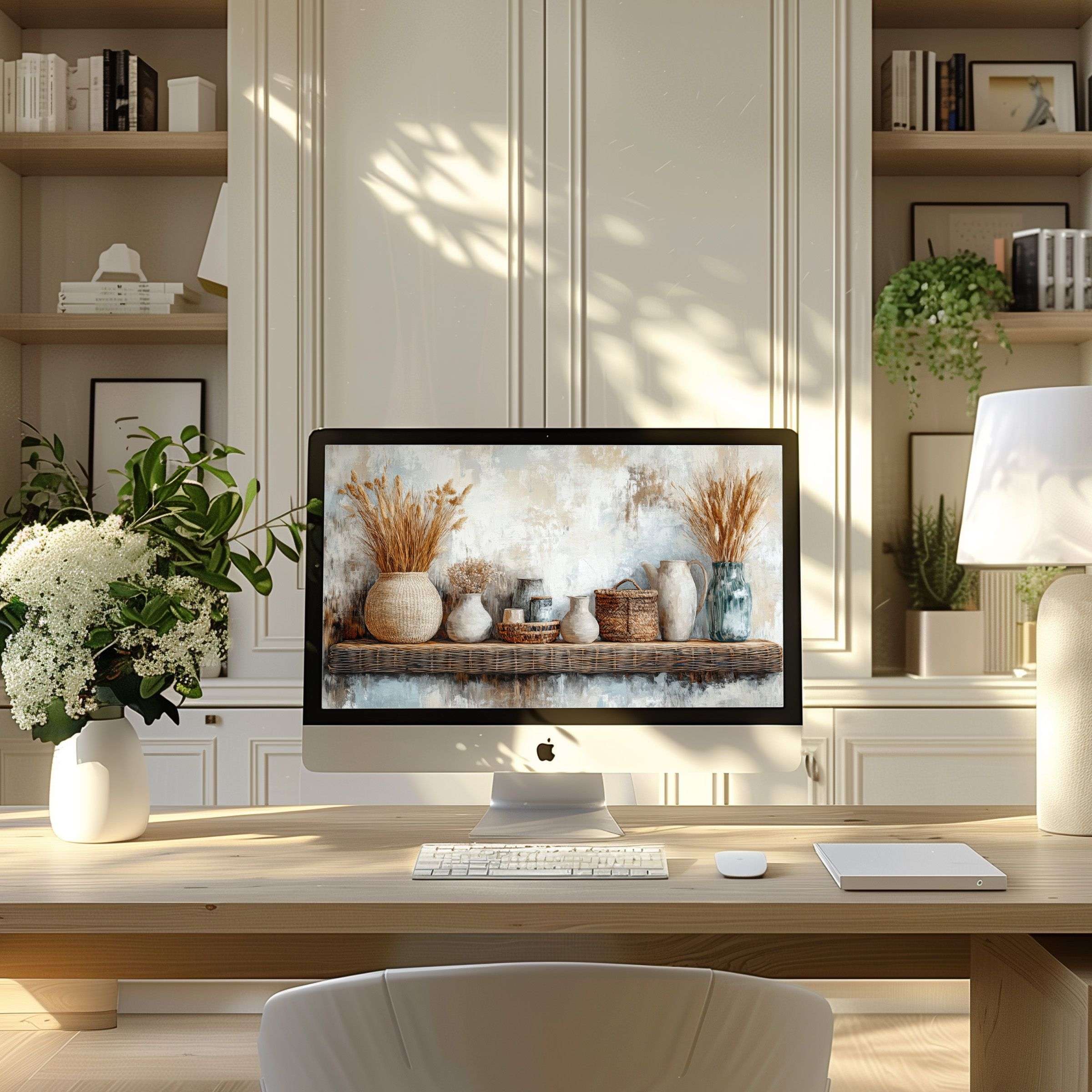 Elegant neutral-toned digital art wallpaper for computer inspires calm in a modern home office setting, ideal for PC or laptop download
