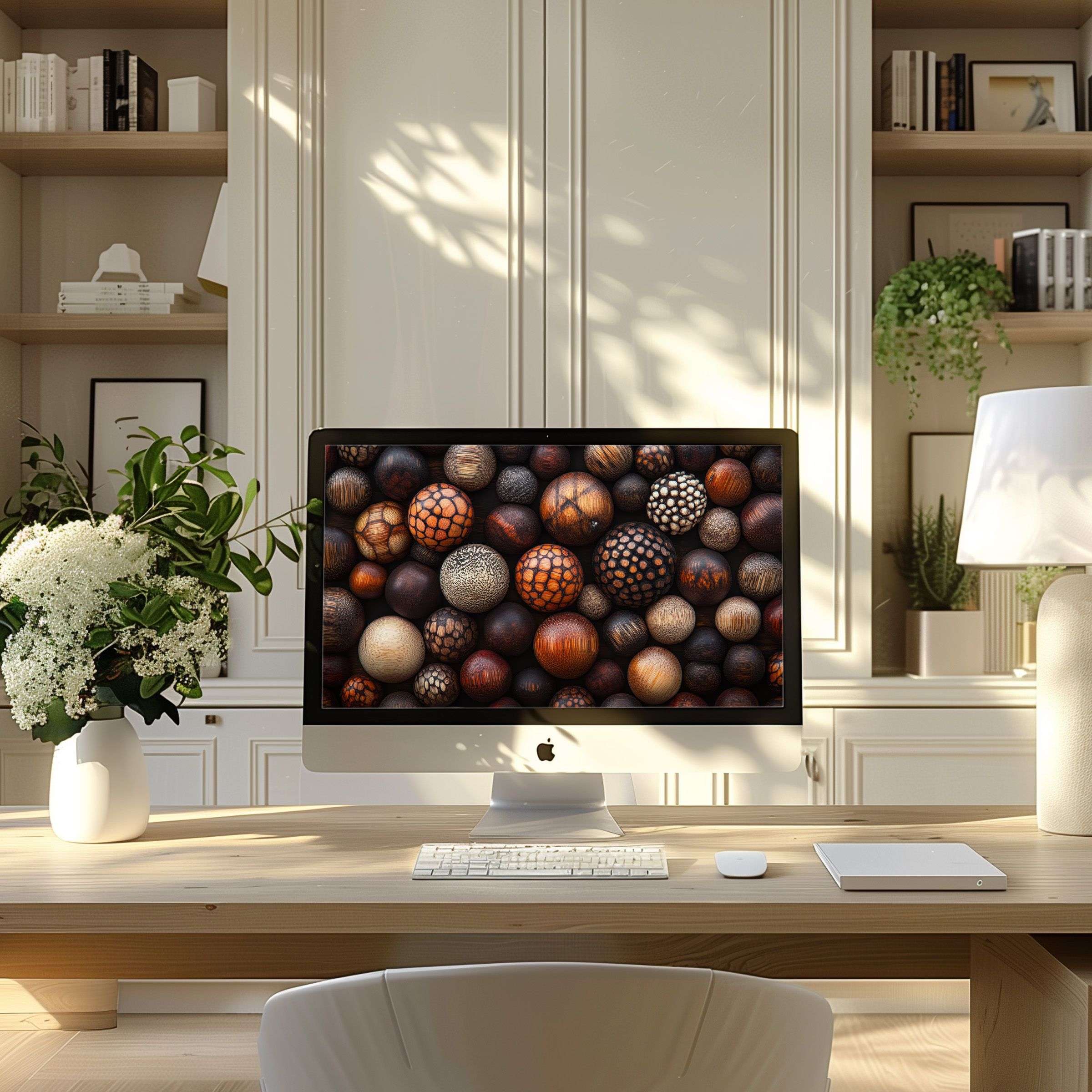 Elegant digital art with wooden spheres, perfect wallpaper for computer in modern home office, enhancing PC and Laptop aesthetics
