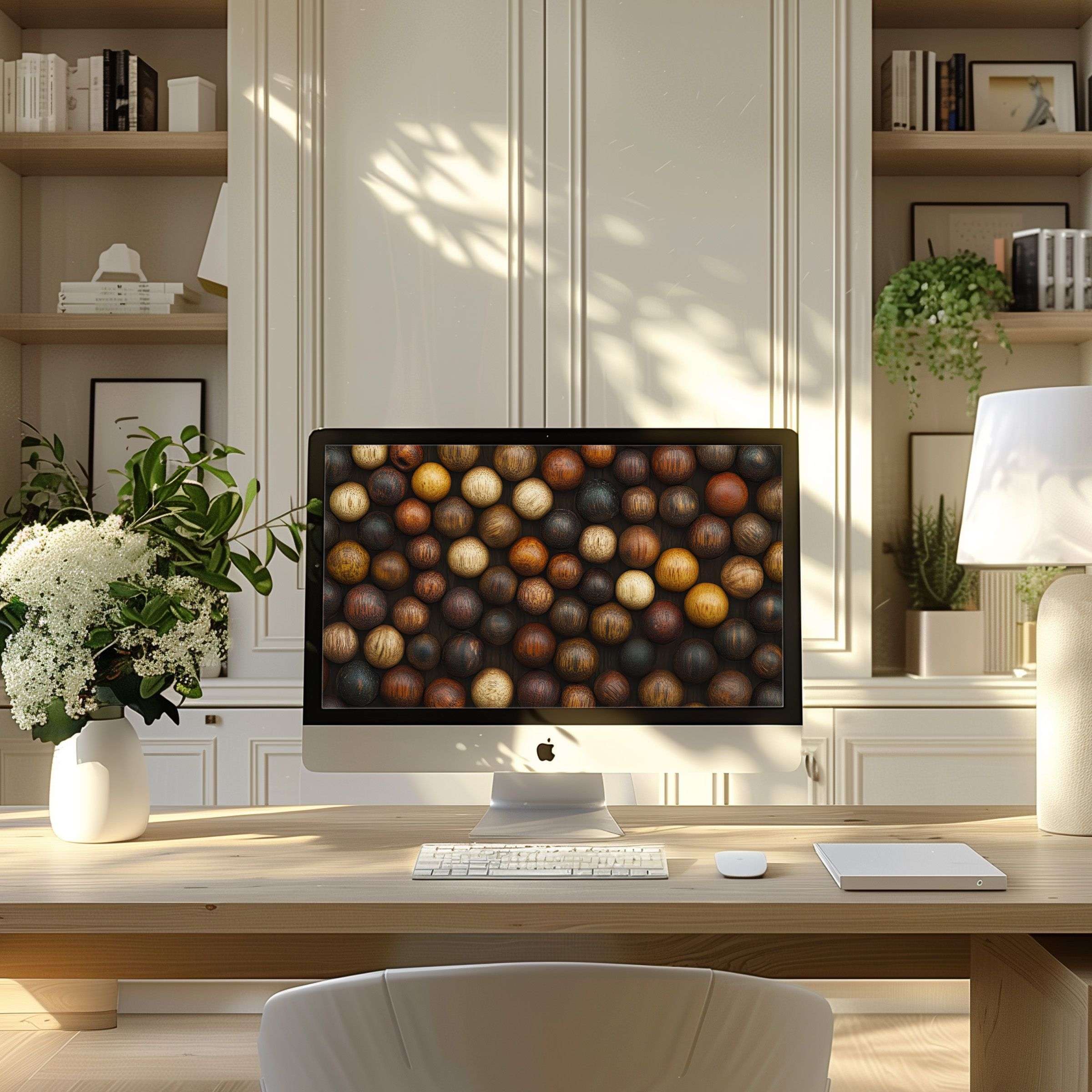 Elegant wood-textured spheres create a calming wallpaper for computer, ideal for PC and laptop in a modern home office setting