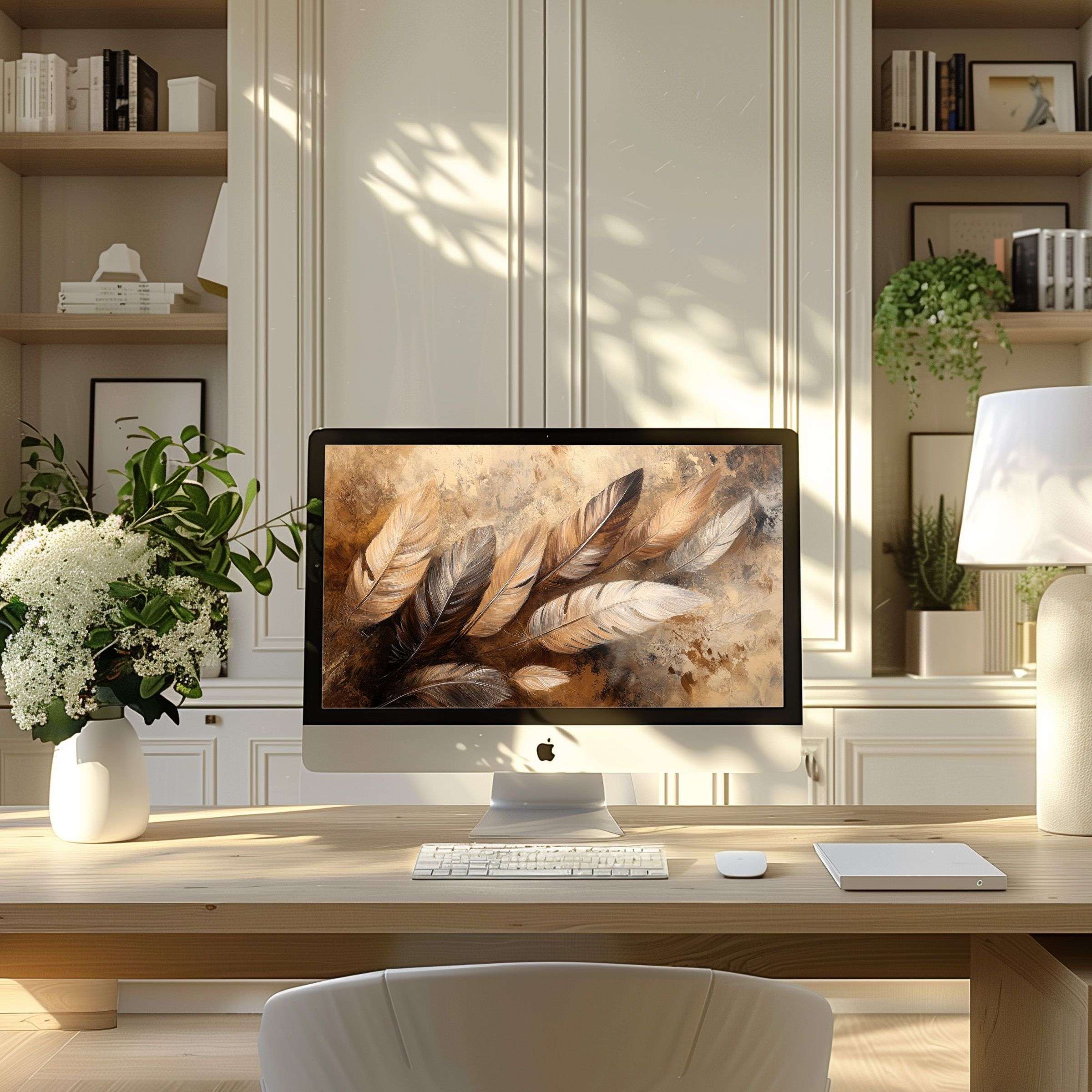 Elegant feathers in soft earth tones create a calm, inspiring wallpaper for computer, PC, or laptop in a modern home office