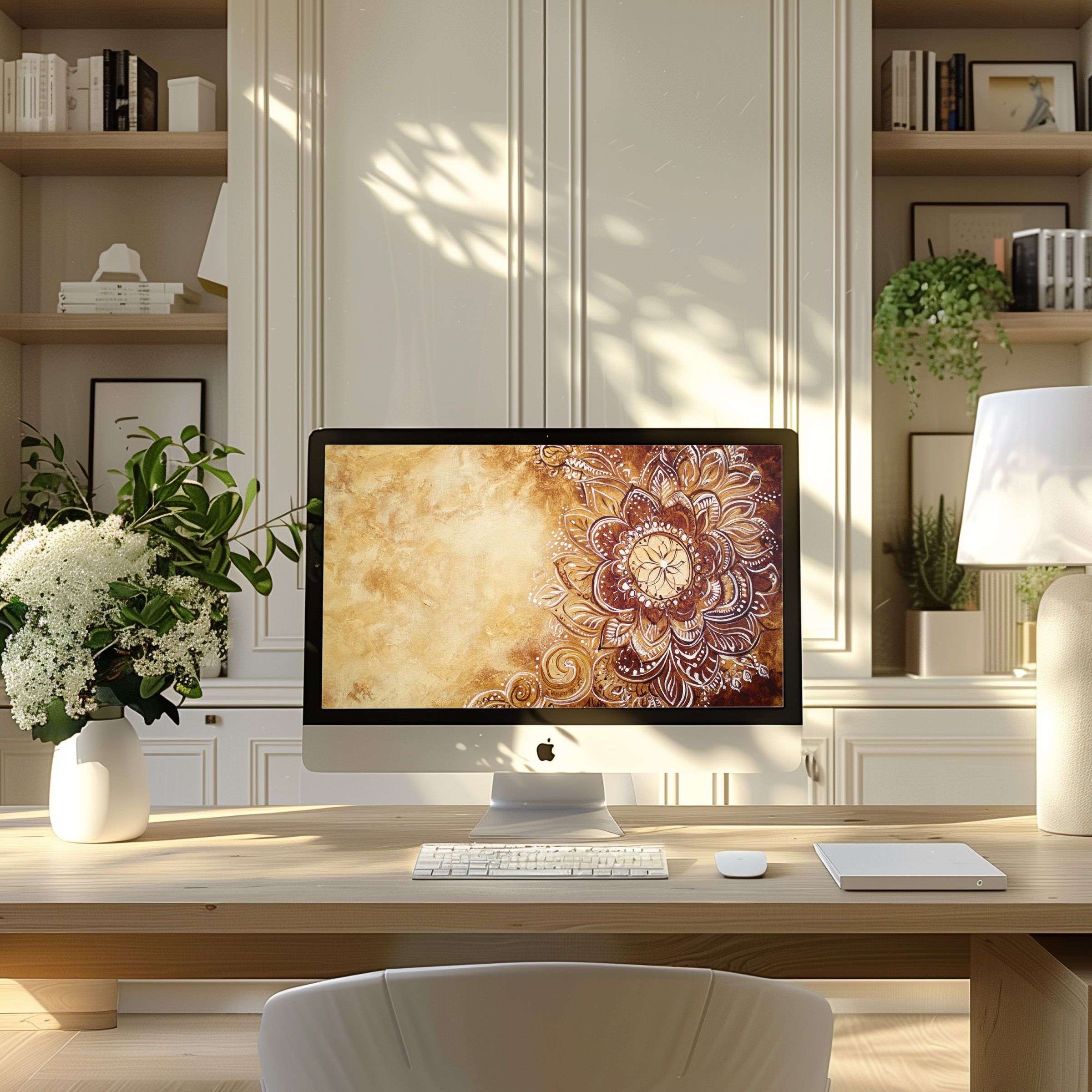 Elegant mandala art wallpaper for computer and laptop promotes calm inspiration in a modern, serene home office setting