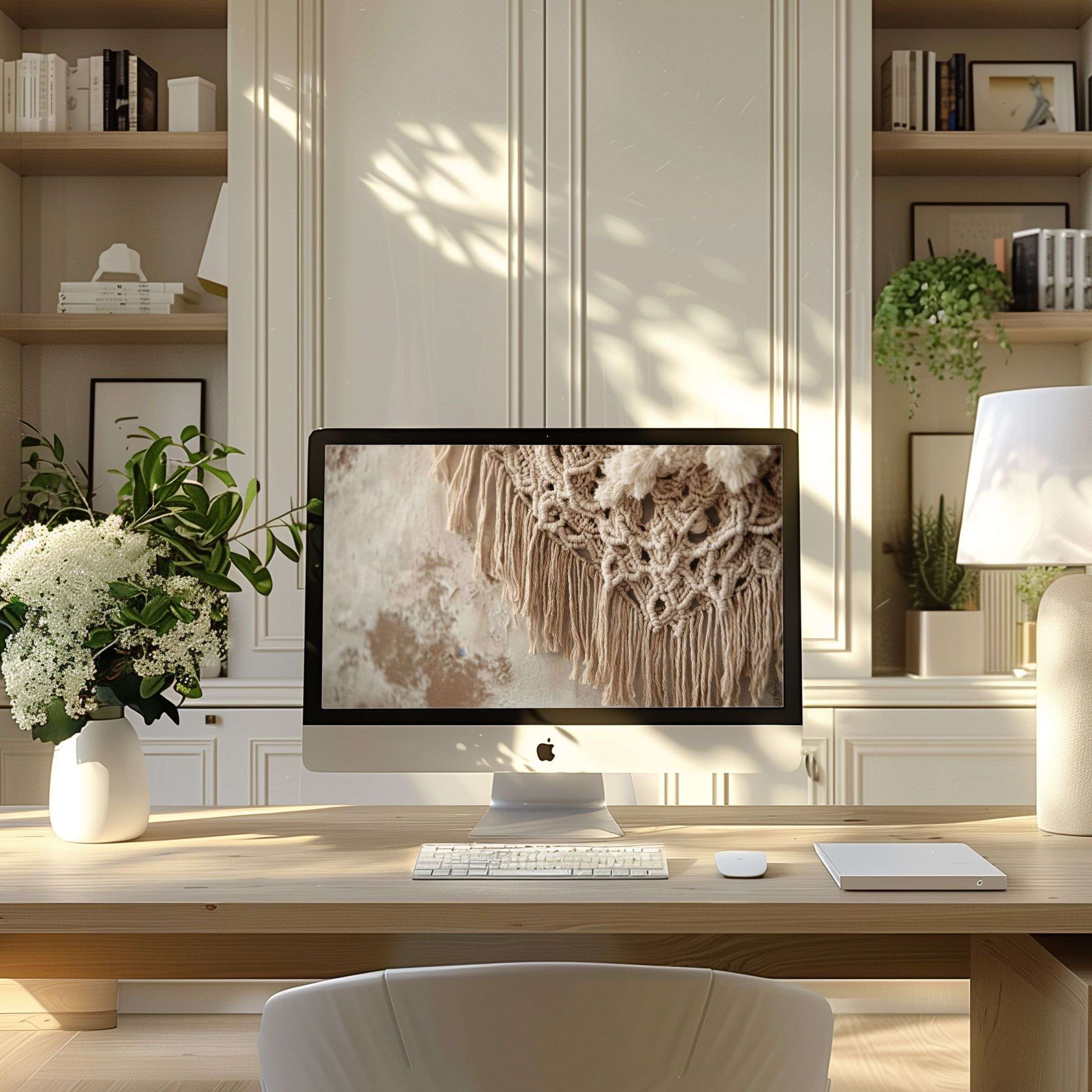Elegant macramé texture digital wallpaper for computer provides calming inspiration for PC or Laptop in modern home office