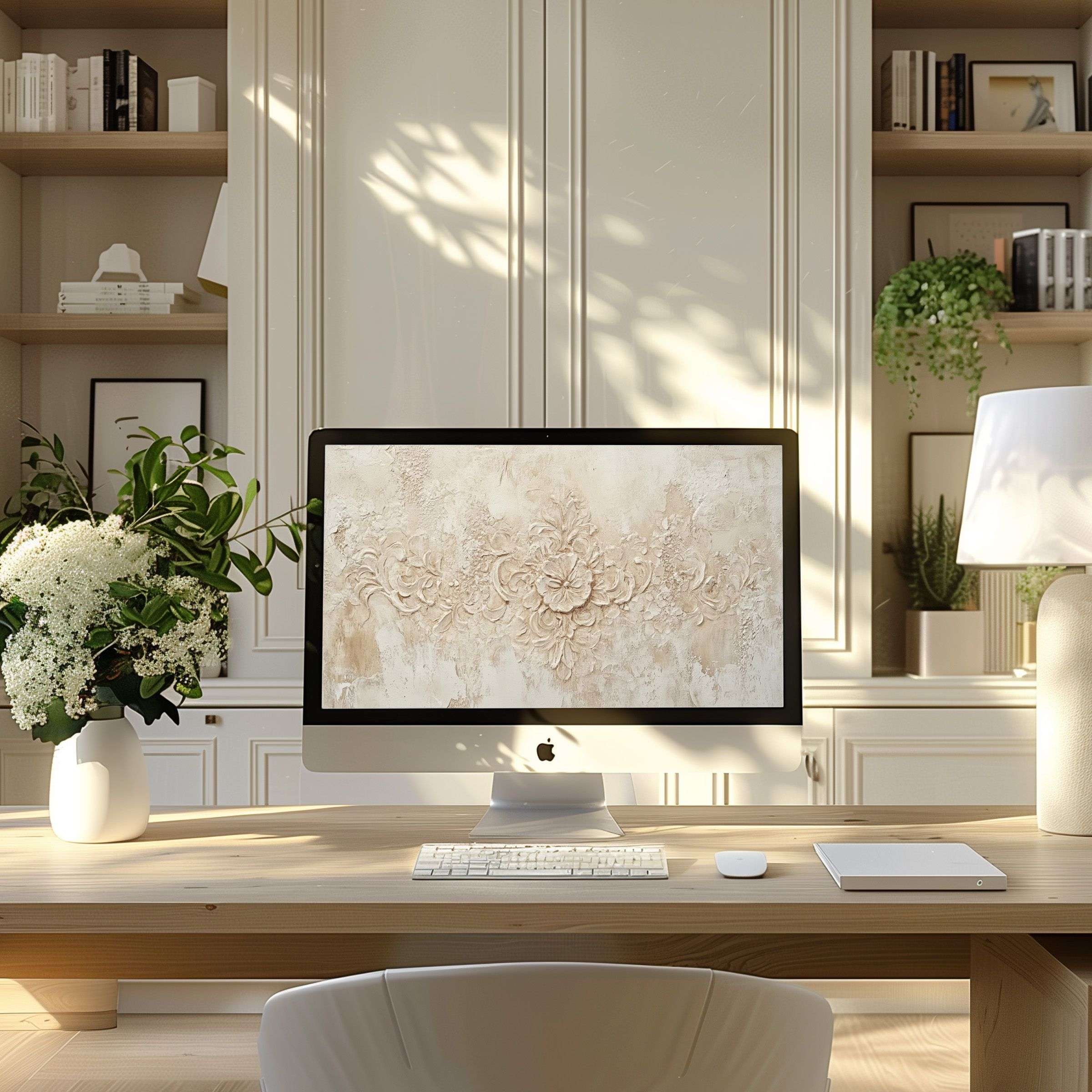 Elegant floral motif wallpaper for computer inspires calm in a modern home office setting, perfect for PC and laptop displays