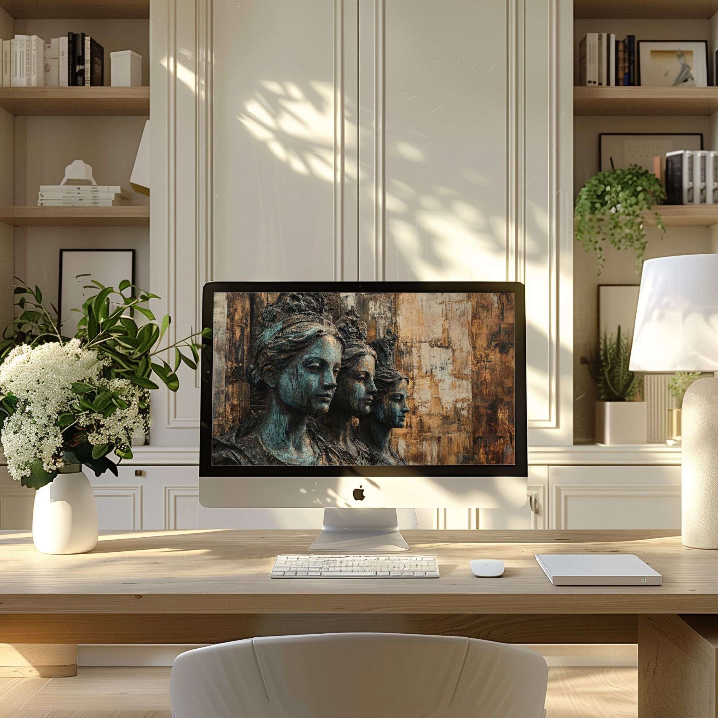 Elegant wallpaper for computer in a serene modern home office setting fits PC, laptop, ultrawide digital download inspiring calm
