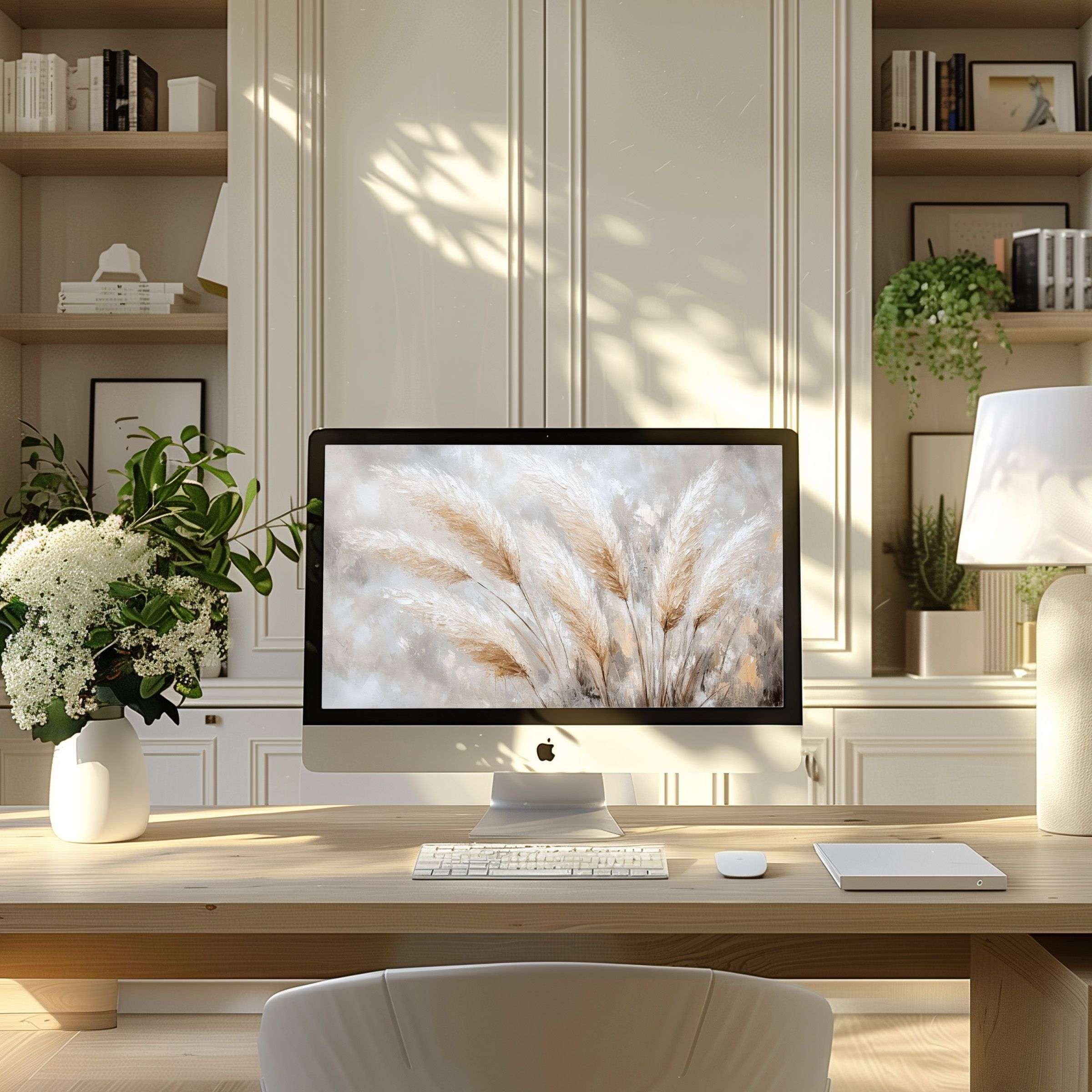 Elegant digital art featuring soft, neutral tones of pampas grass as a calming wallpaper for computer, PC, and laptop screens