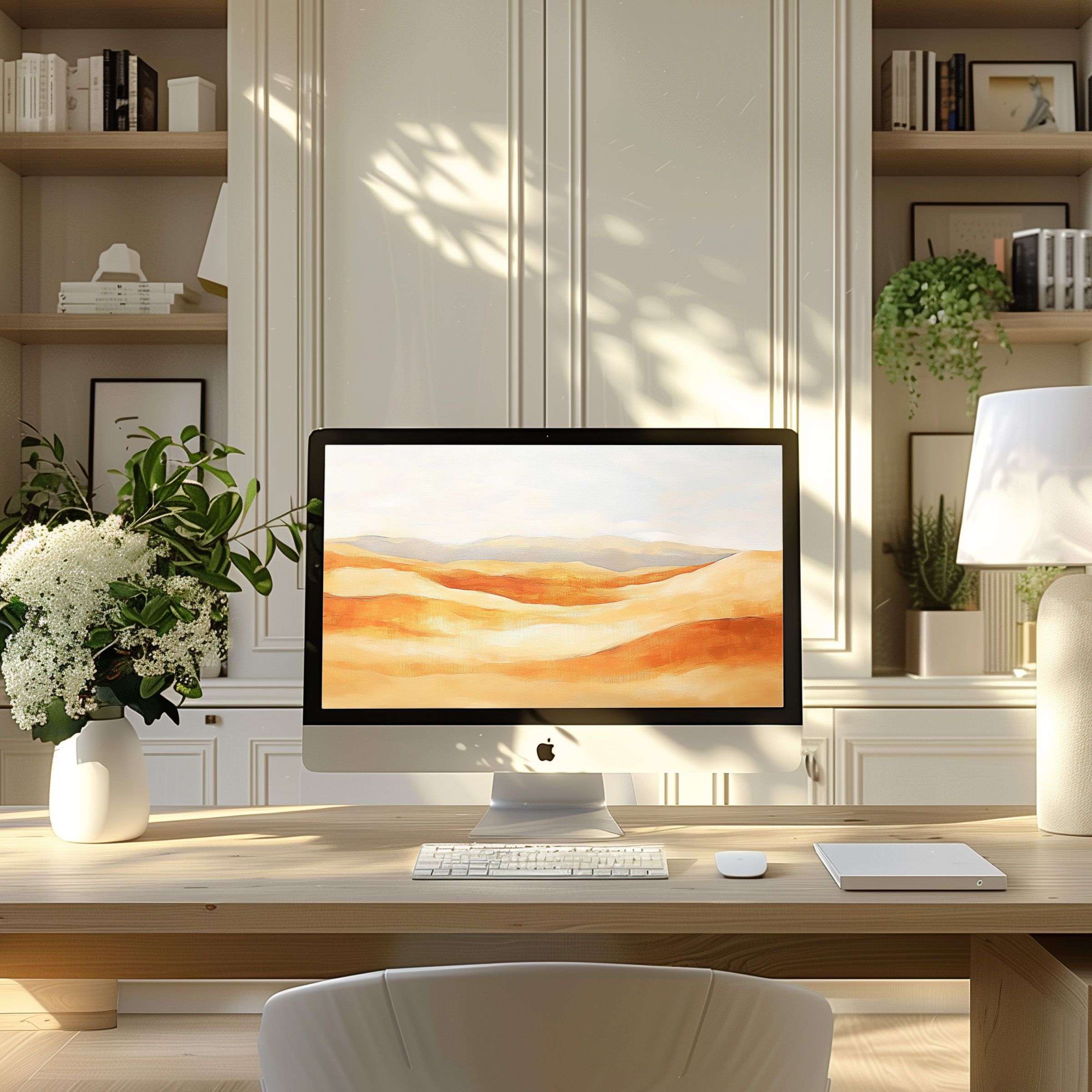 Desert-inspired wallpaper for computer brings elegance and calm to any PC or laptop in a modern, light-filled home office setting
