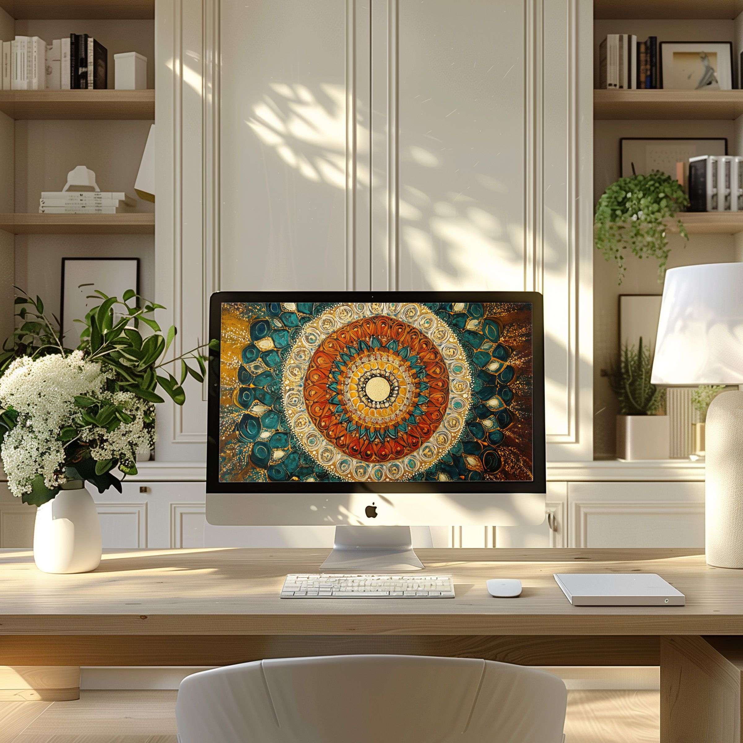 Elegant mandala design wallpaper for computer, enhancing calm in a modern home office, ideal for PC or laptop digital download