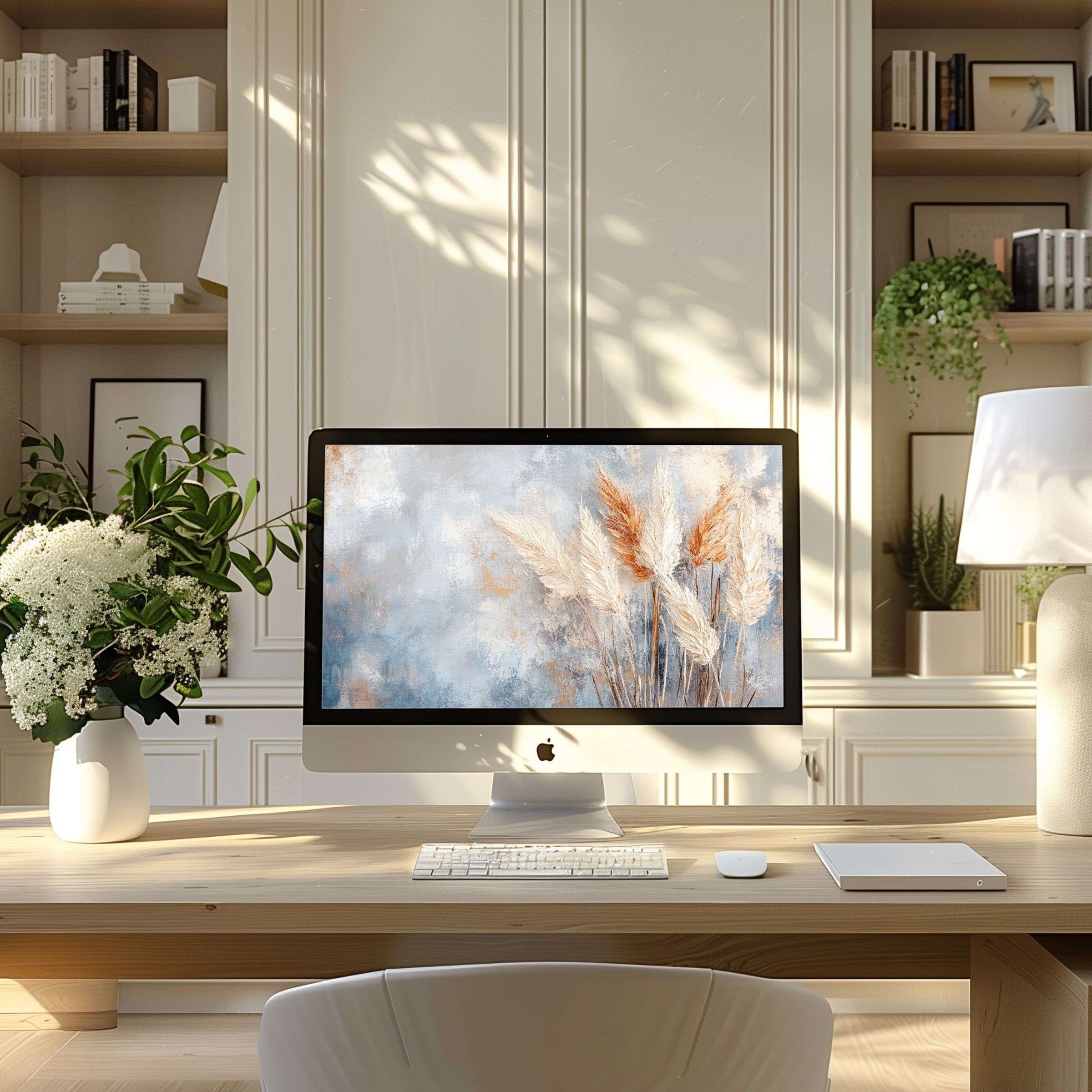 Calming abstract art with soft earthy tones as wallpaper for computer elevates a modern home office for PC or Laptop use