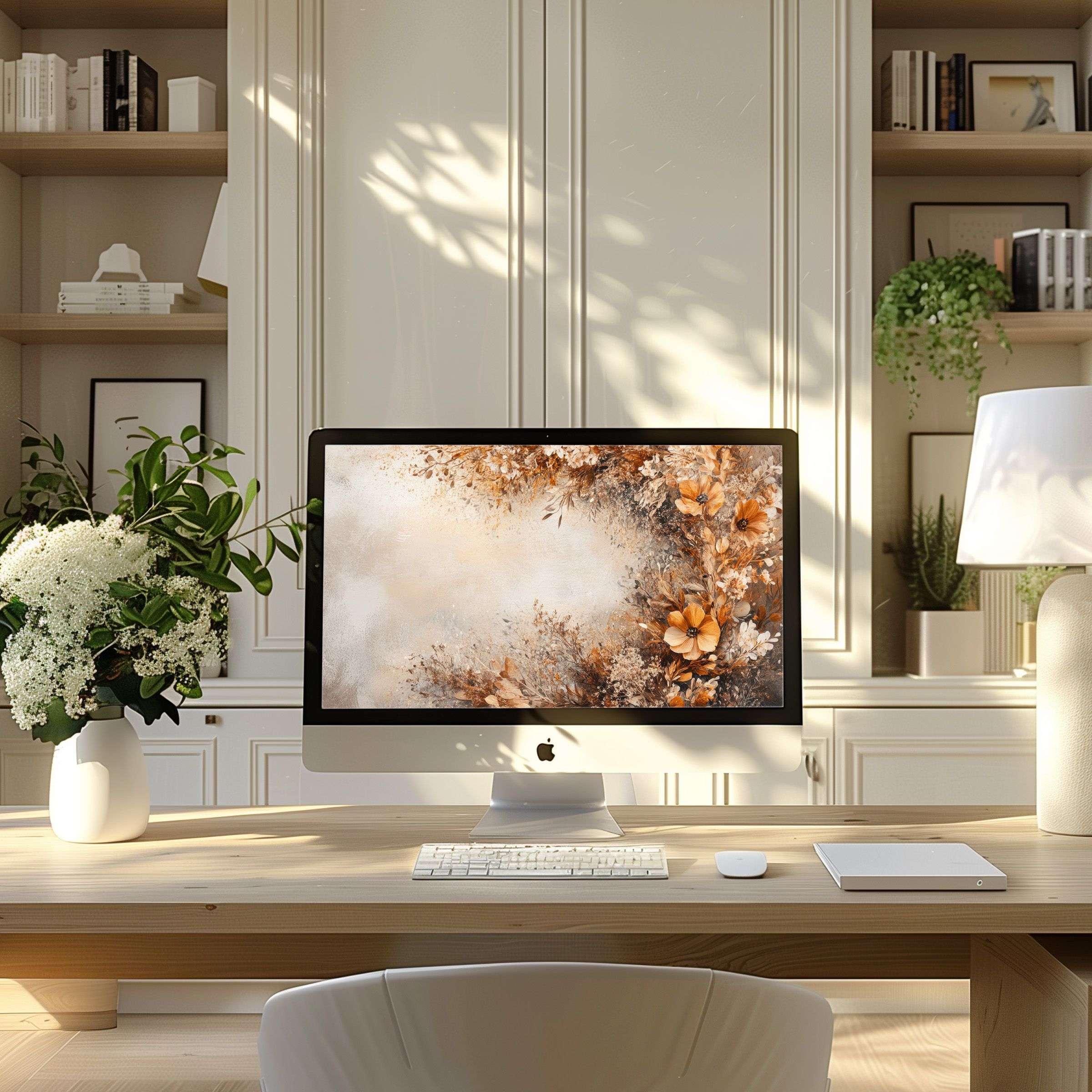 Elegant floral art wallpaper for computer enhances a modern home office with calm inspiration, perfect for PC and Laptop users