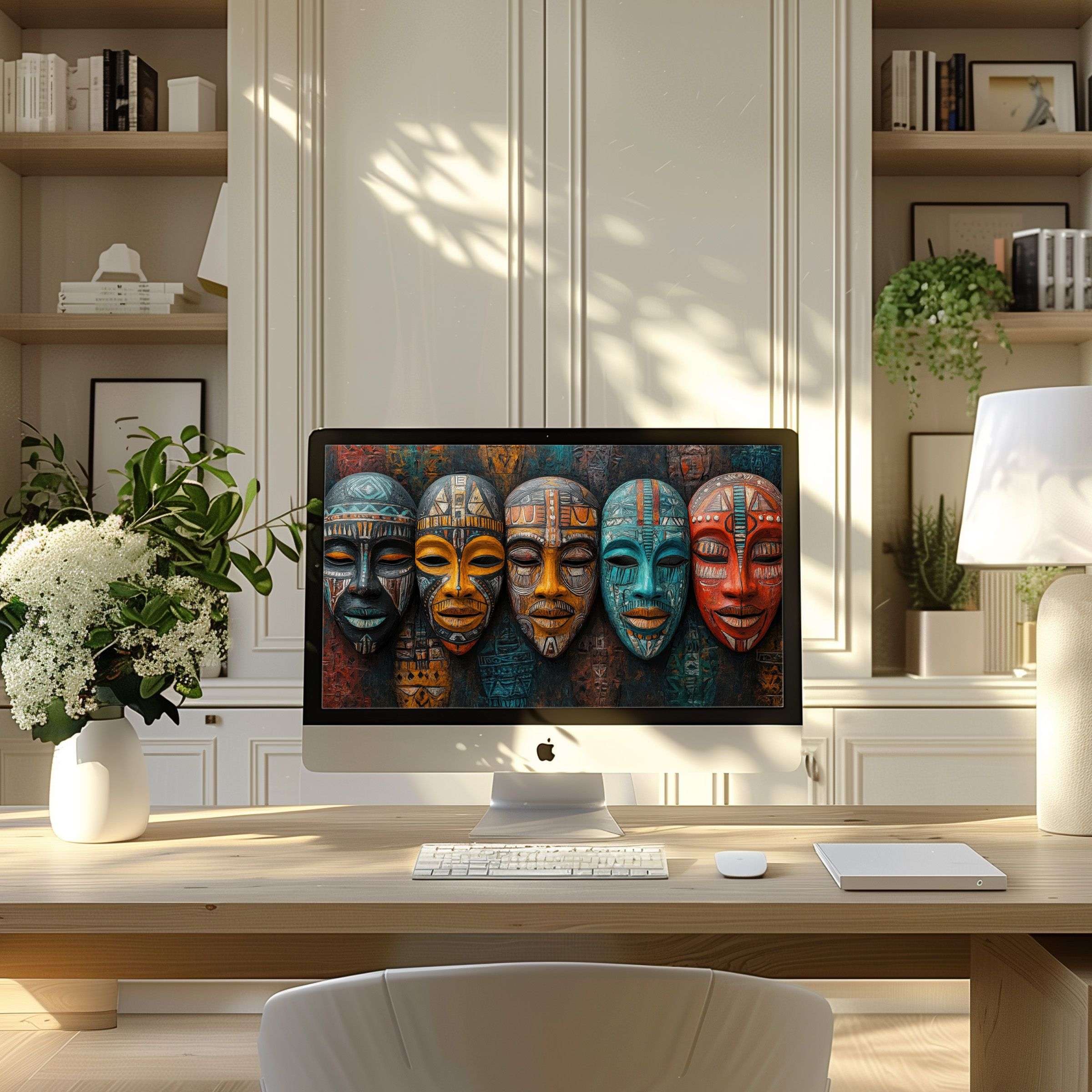 Elegant tribal mask motif wallpaper for computer elevates PC and laptop aesthetics, inspires calm in modern home office setting