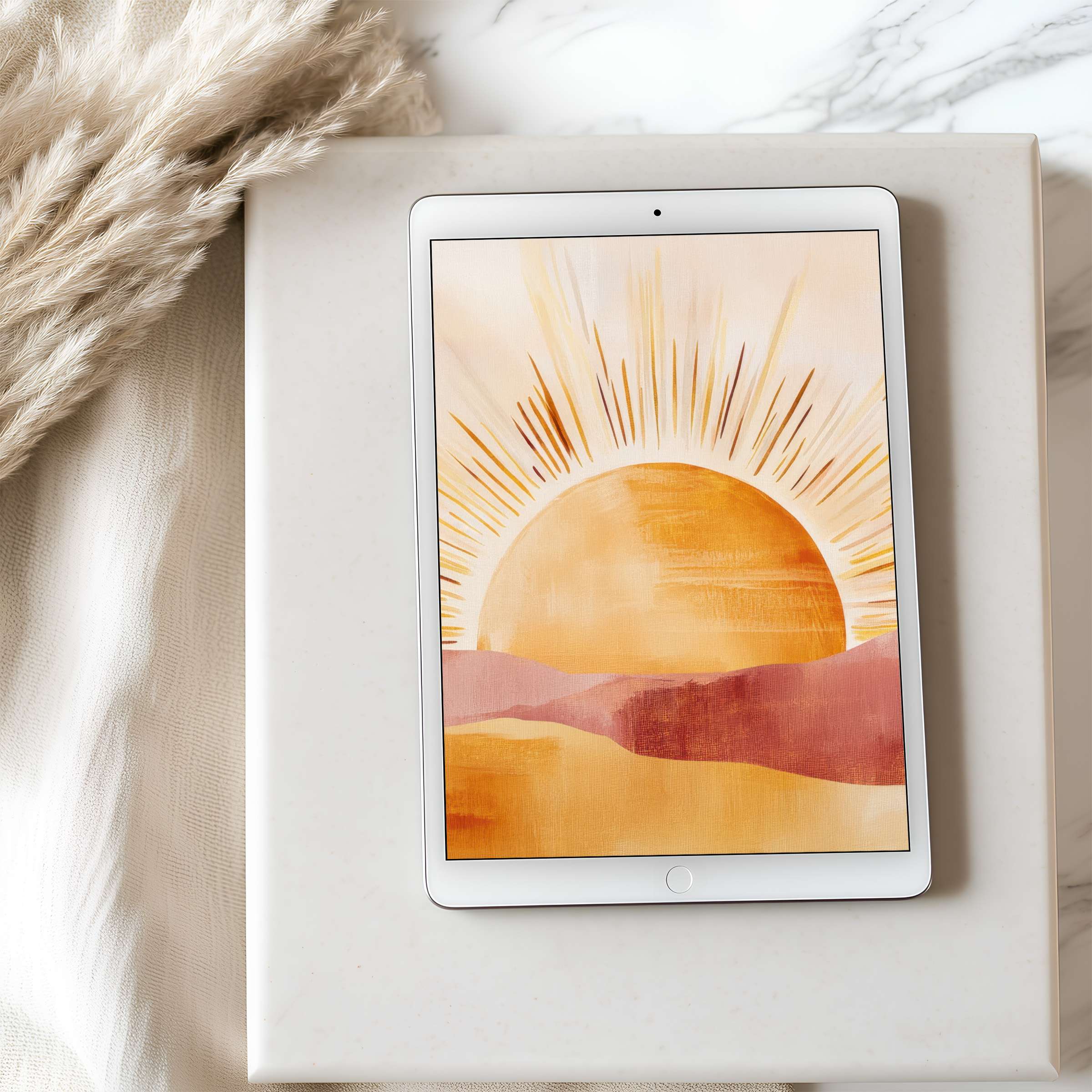 Elegant sunburst art in warm tones as tablet wallpaper offers a calming high-resolution download for iPad and Android tablets