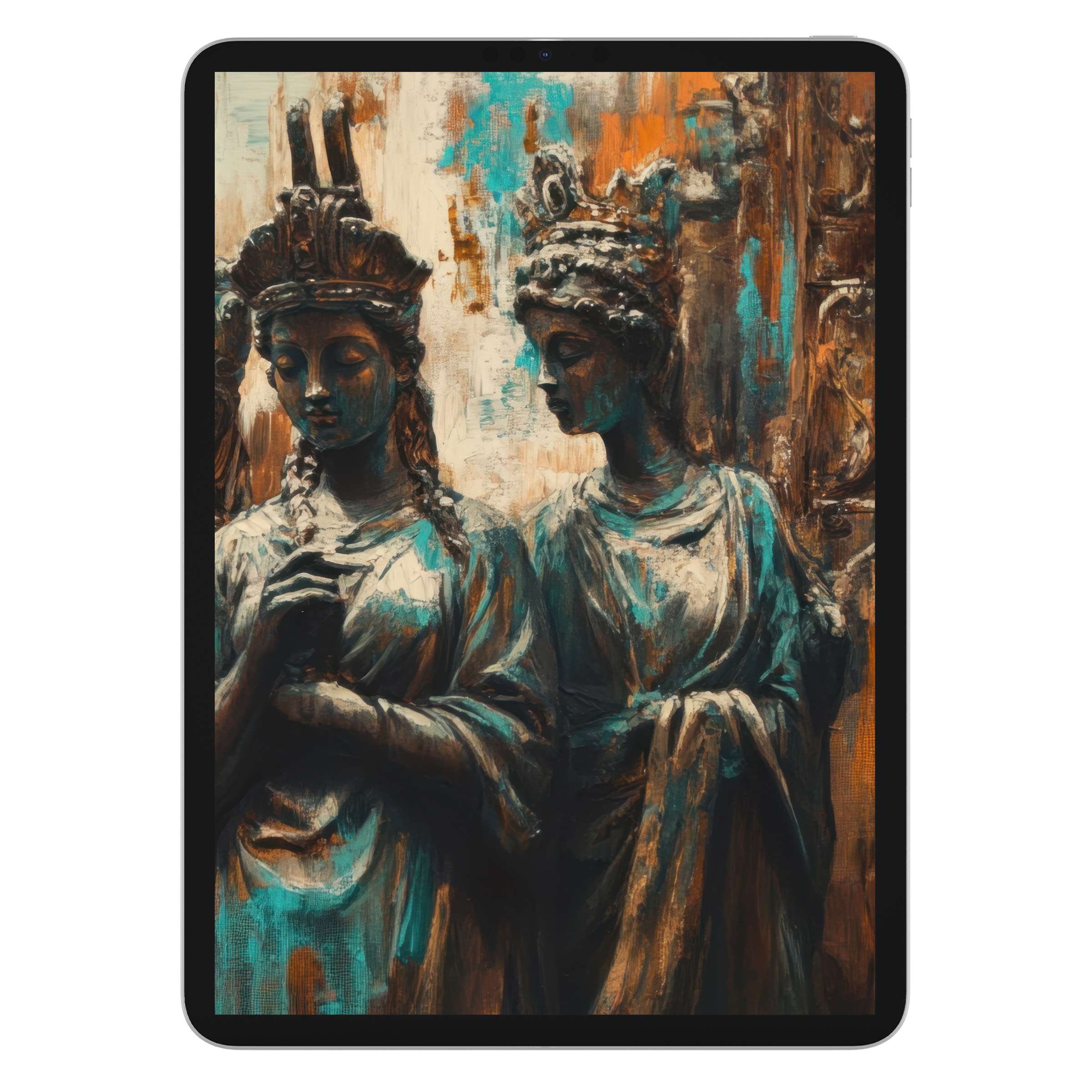Elegant boho iPad wallpaper featuring serene statue art with earthy tones perfect as a digital download background for tablets