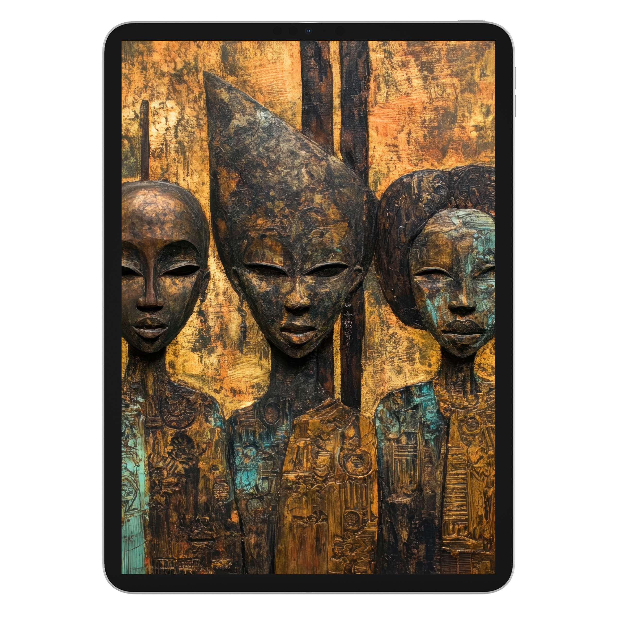Elegant boho iPad wallpaper with earthy hues and abstract tribal art, offering a calming digital download for tablet background use