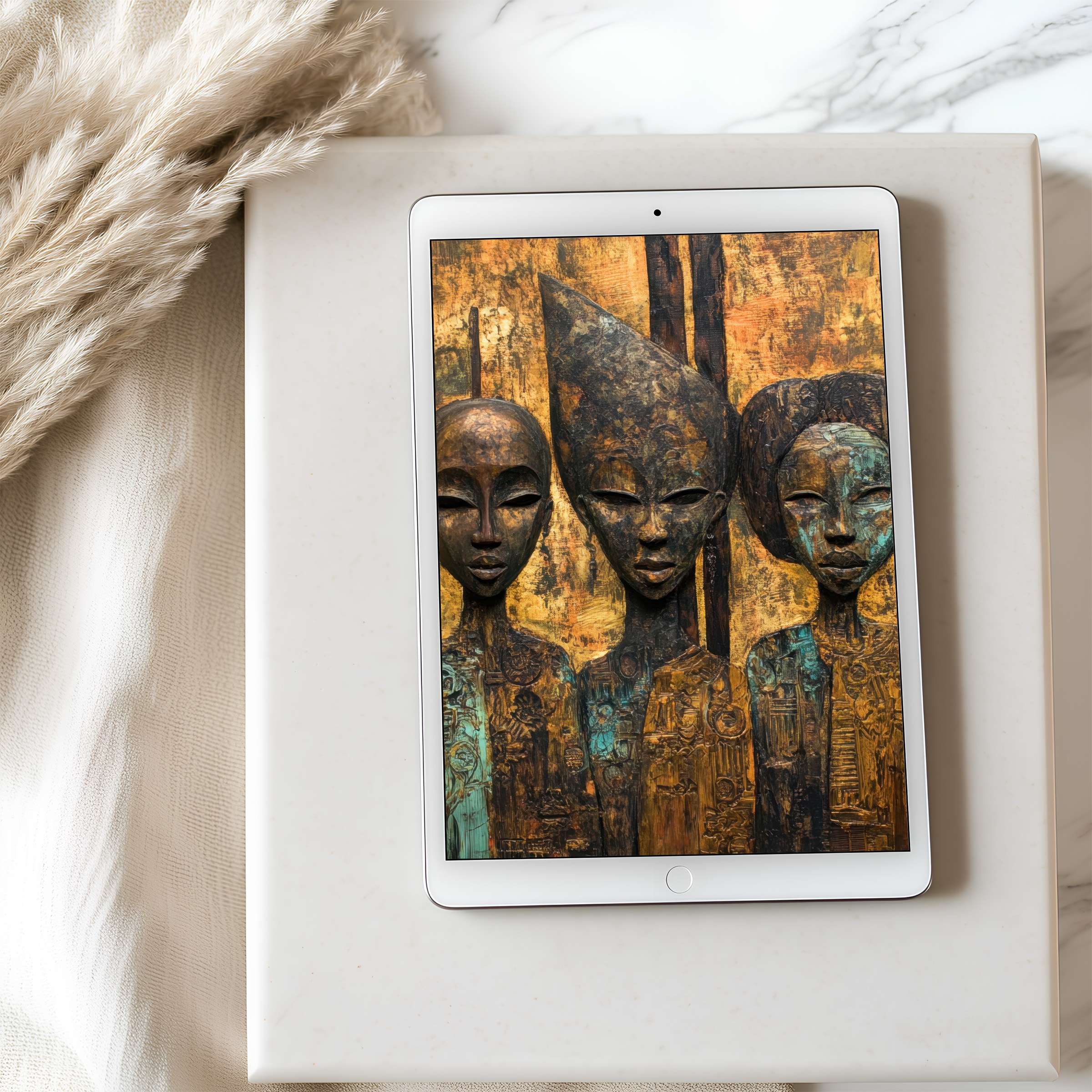 Elegant tribal art tablet wallpaper in warm bronze tones, perfect high resolution for iPad, enhancing calm and aesthetic interiors