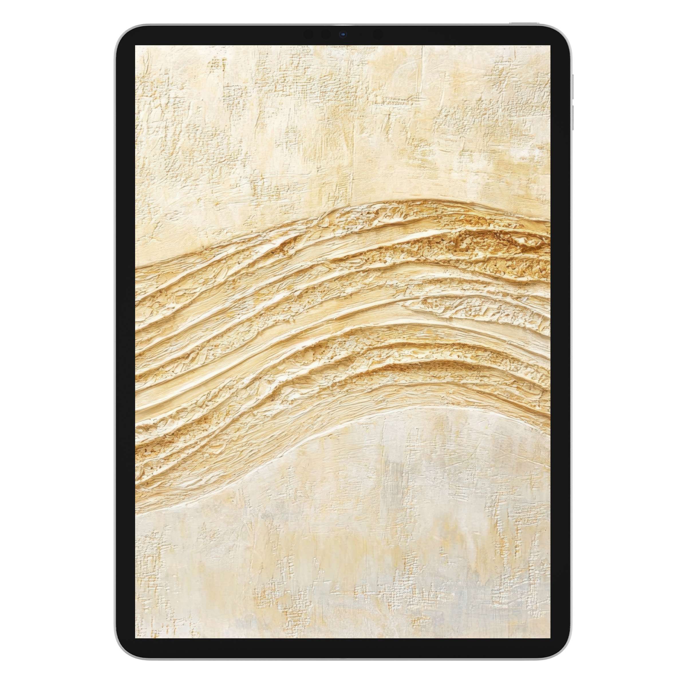 Elegant boho iPad wallpaper featuring textured beige and gold abstract waves, perfect digital download for calming tablet background