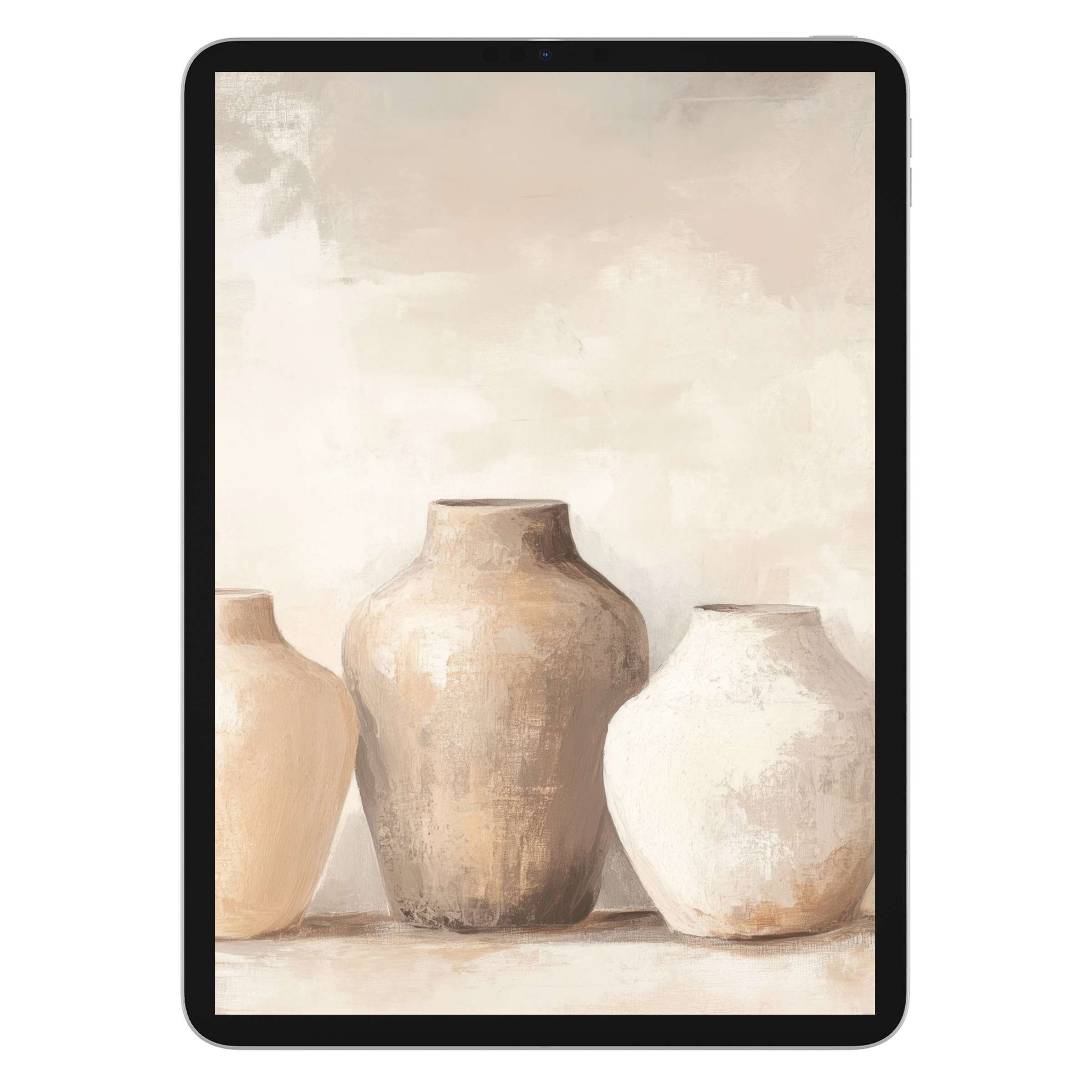Boho iPad wallpaper featuring earthy-toned vases on a soft, textured background, perfect for elegant tablet use and digital download