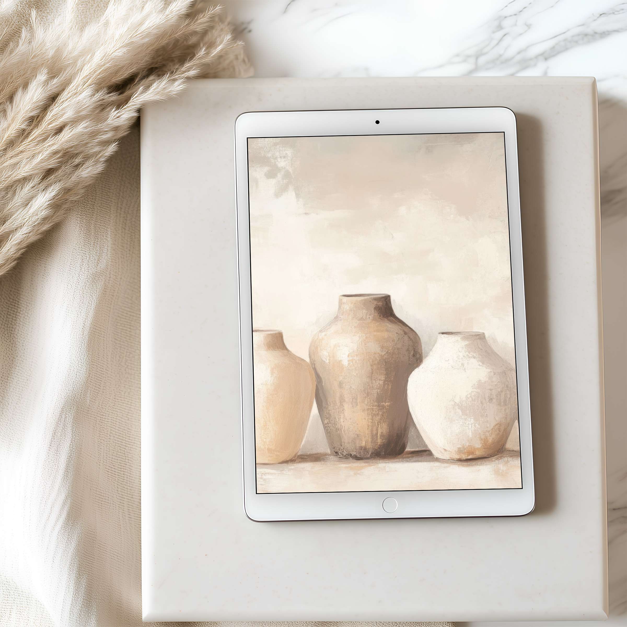 Neutral-toned pottery art on tablet wallpaper blends seamless elegance for design-conscious interiors, perfect for iPad digital download