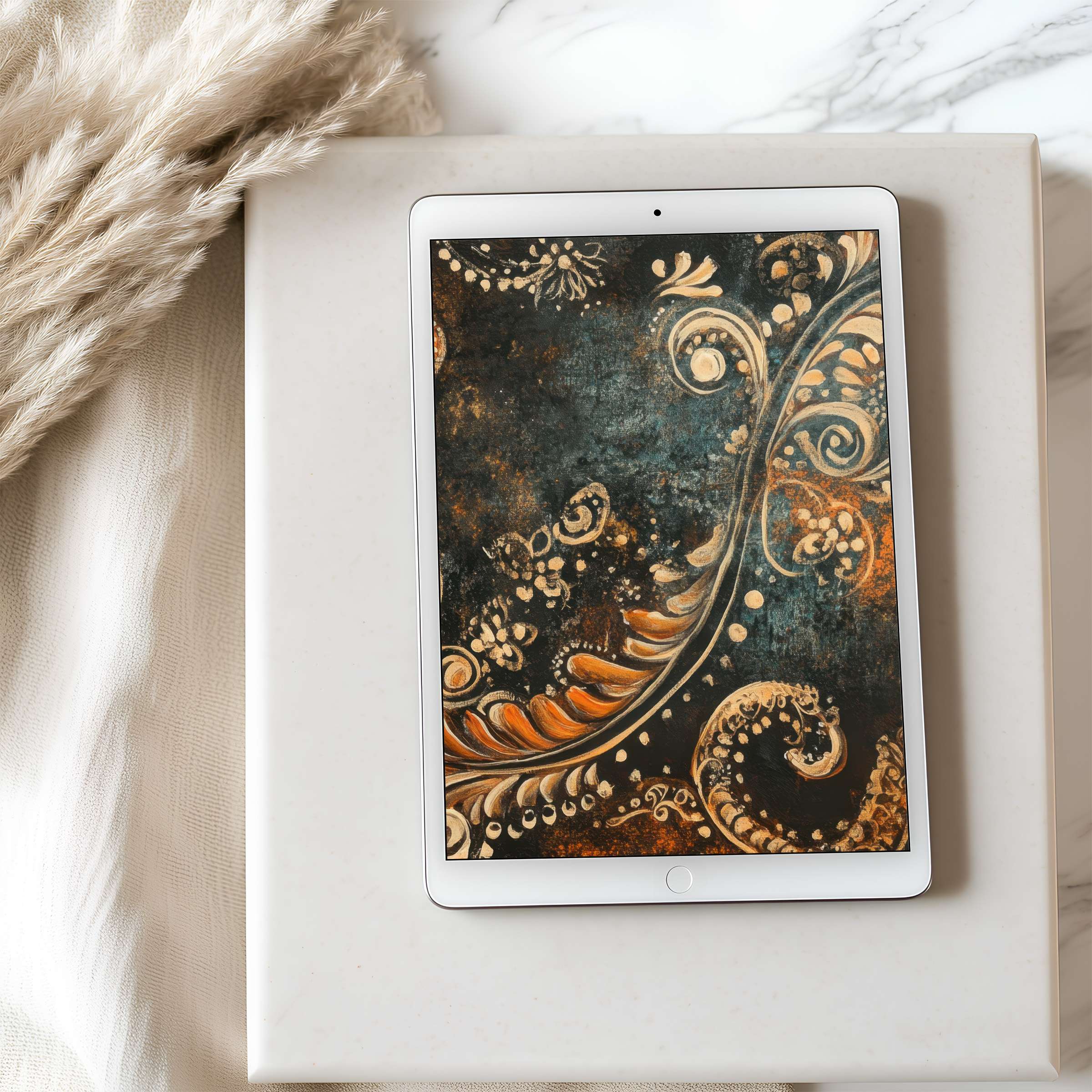 Elegant tablet wallpaper featuring intricate gold and teal patterns on a dark background, perfect for iPad high resolution digital download