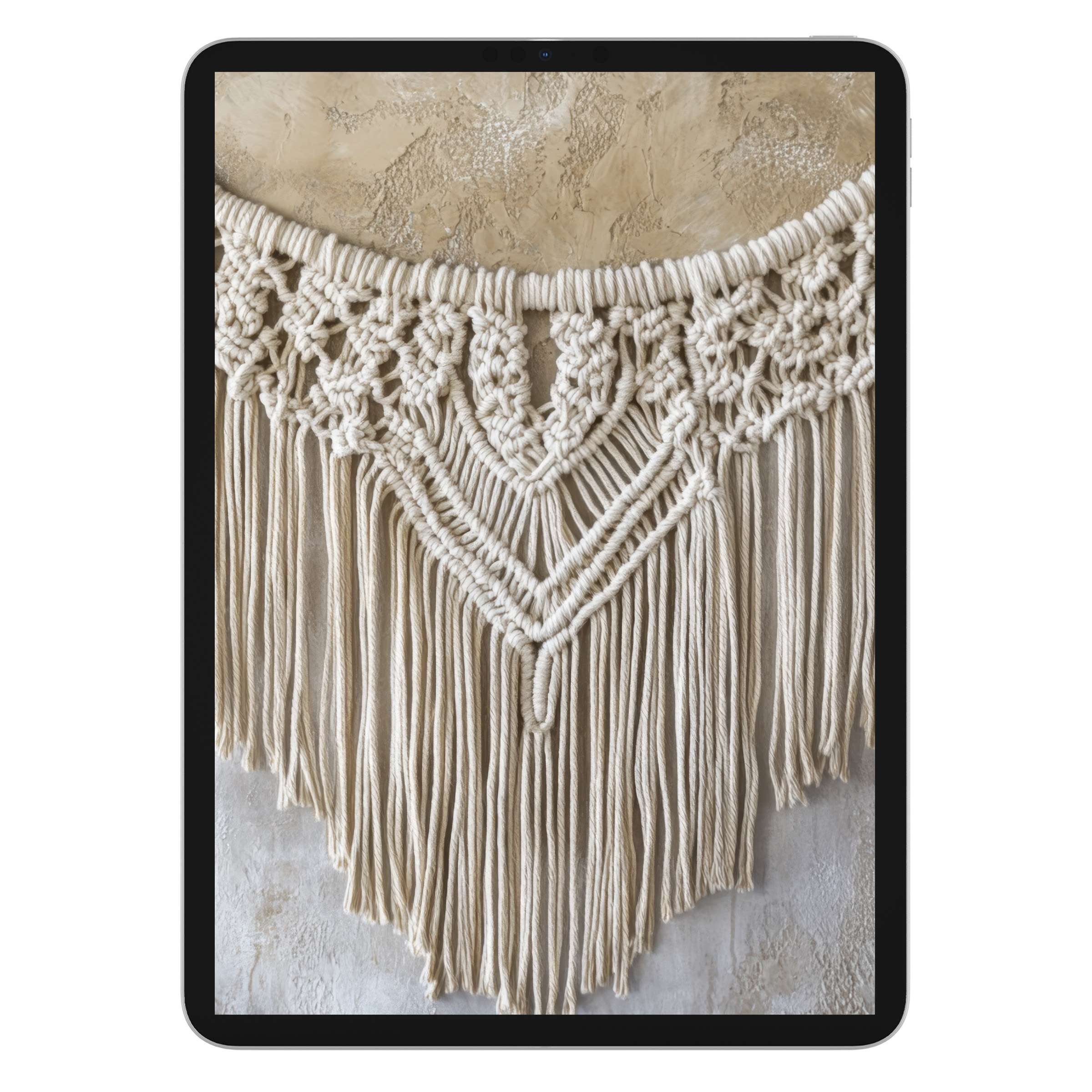 Elegant boho iPad wallpaper with beige macramé texture digital download perfect for a calm, stylish tablet background ambiance