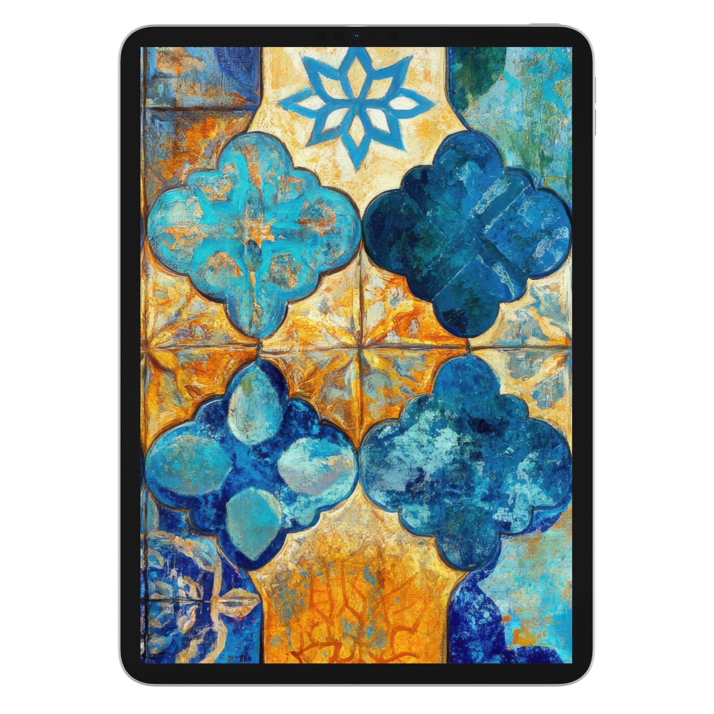 Boho iPad wallpaper featuring a serene, geometric blue and orange pattern for tablets offering a calming digital download background