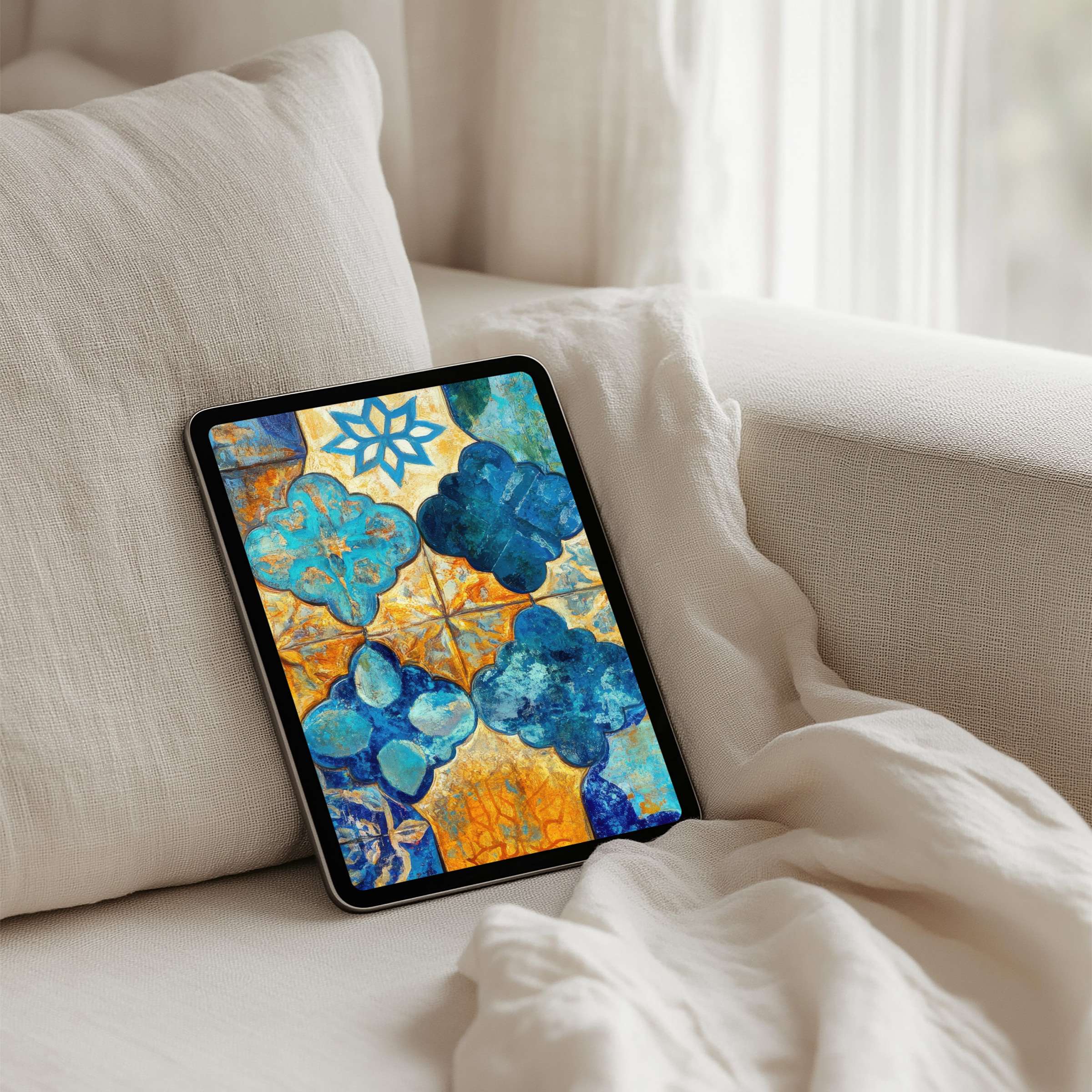 Elegant blue and gold pattern iPad background for instant download on tablet, inspiring calm and mindfulness with artistic charm