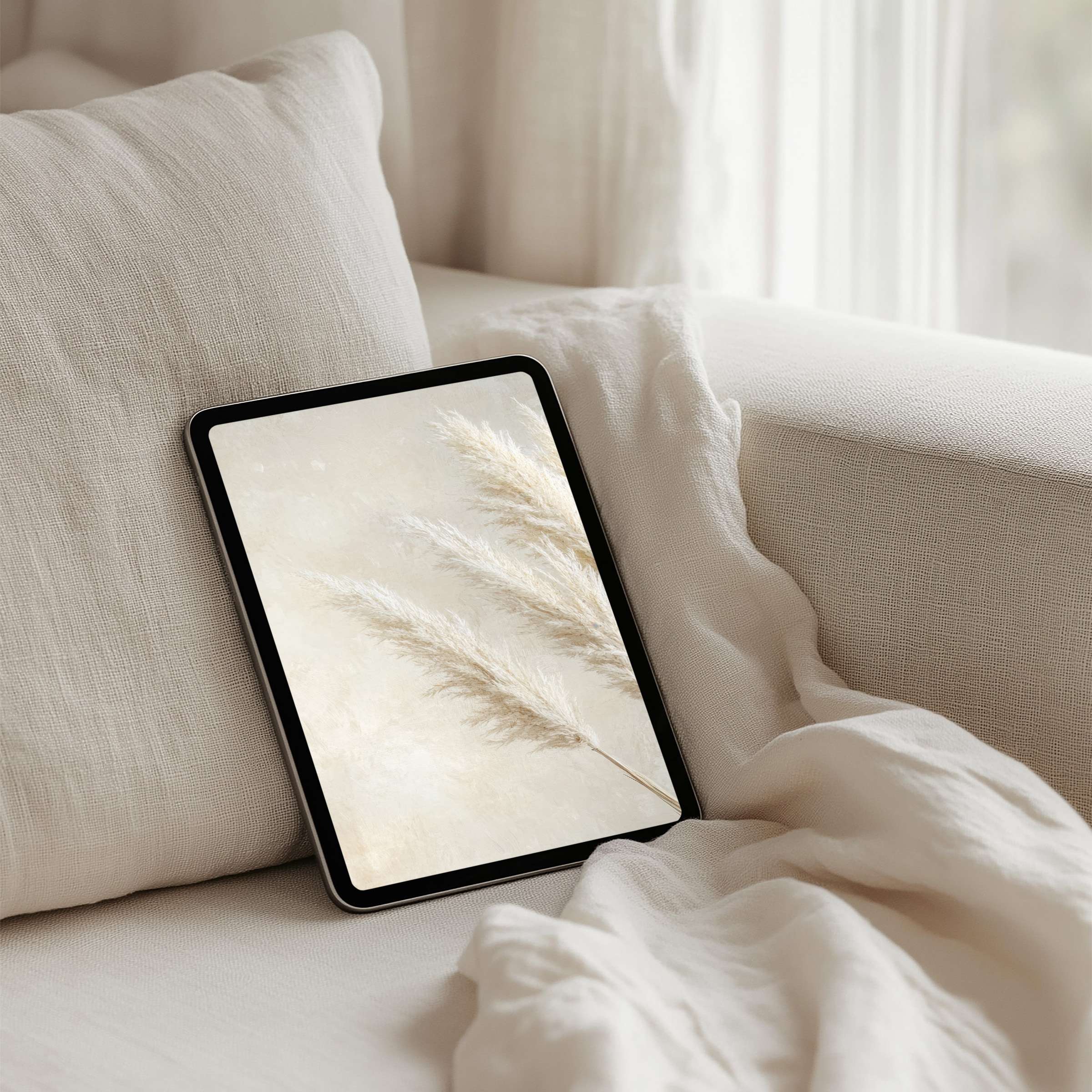 Elegant iPad background with soothing pampas grass, perfect for mindful tablet use on iPad or Samsung via instant download