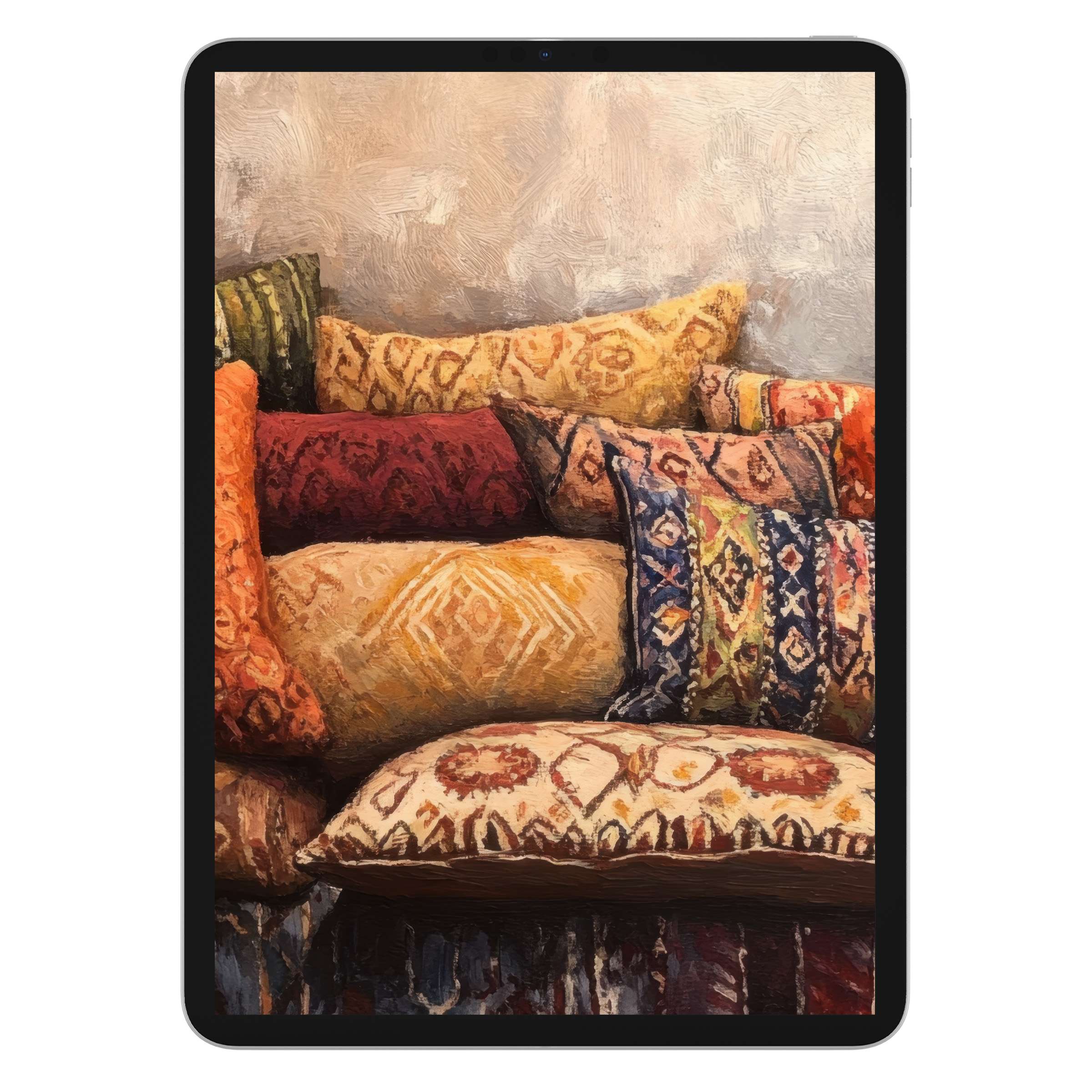 Elegant boho iPad wallpaper with vibrant pillows in earthy tones, ideal for a calming digital download on any tablet background