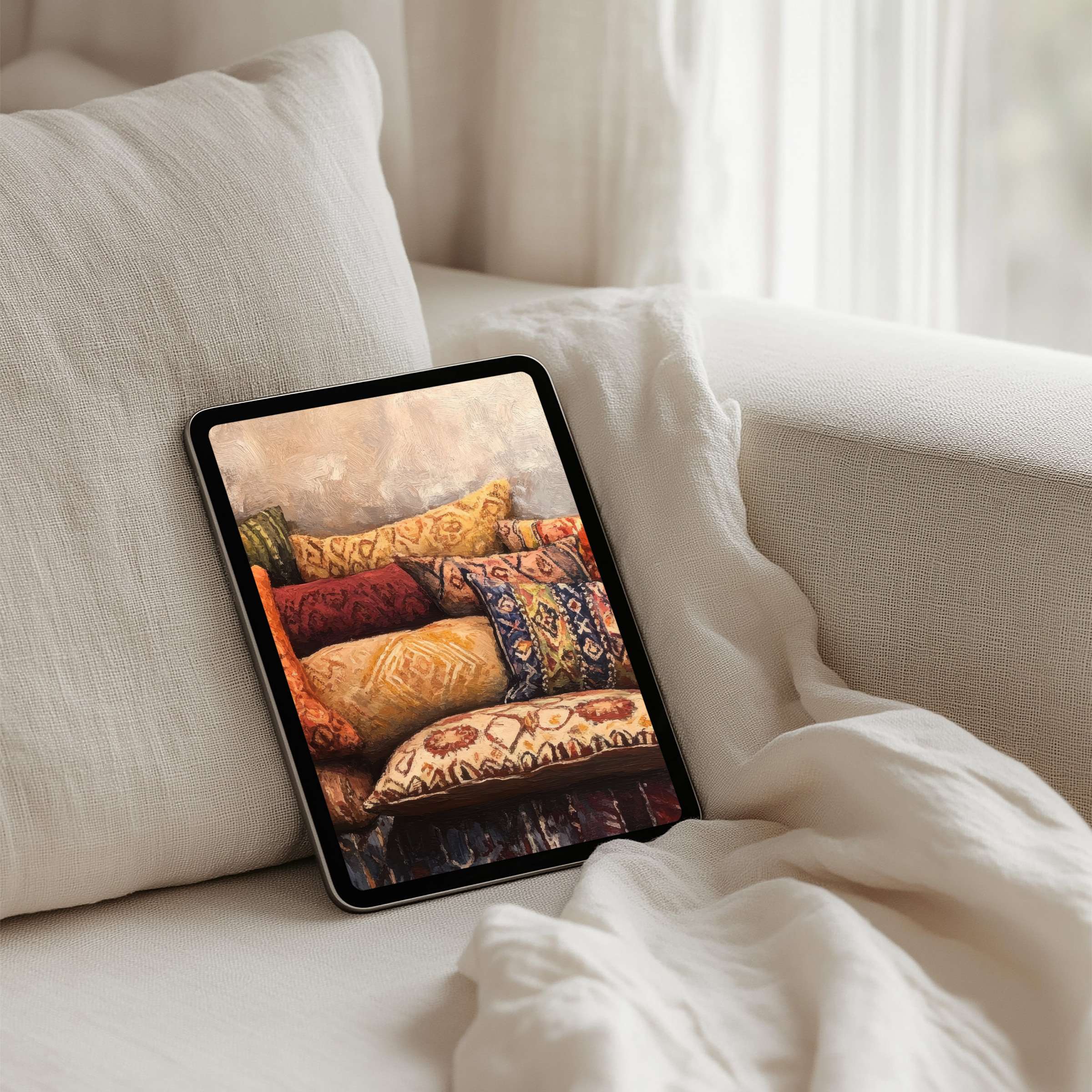 Cozy iPad background with colorful abstract cushions evokes calm elegance perfect for instant download on any tablet device