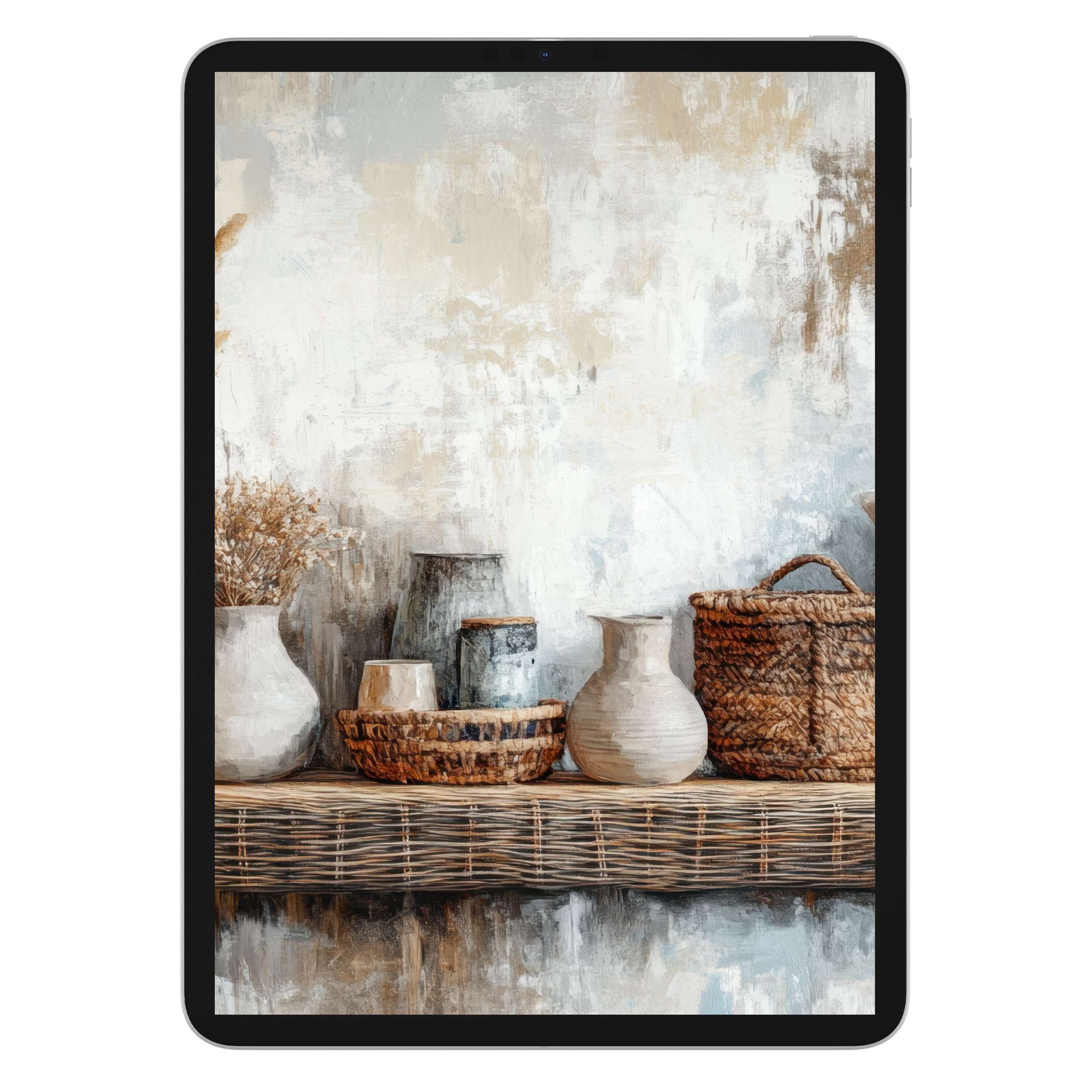 Boho iPad wallpaper featuring rustic pottery and woven baskets against a textured background for elegant tablet digital download