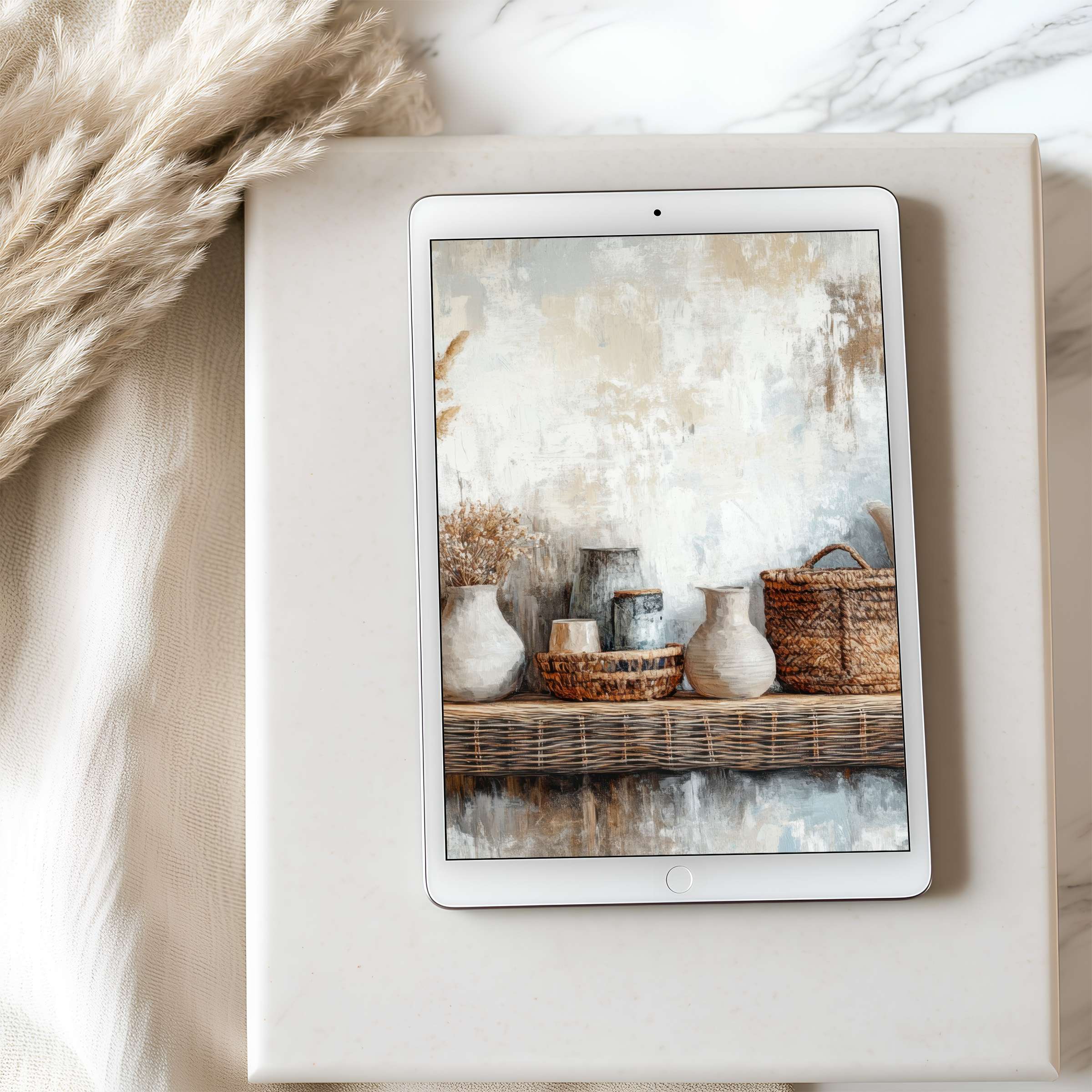 Elegant tablet wallpaper featuring serene still life with neutral pottery and woven baskets, perfect for iPad, high resolution download