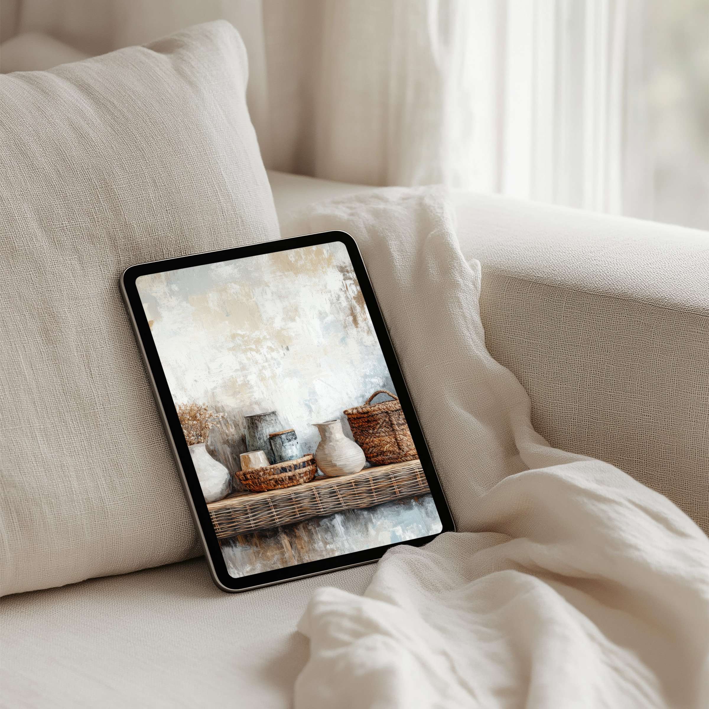 Elegant iPad background with rustic pottery on a textured shelf offering a calm, inspiring vibe for instant download on tablets