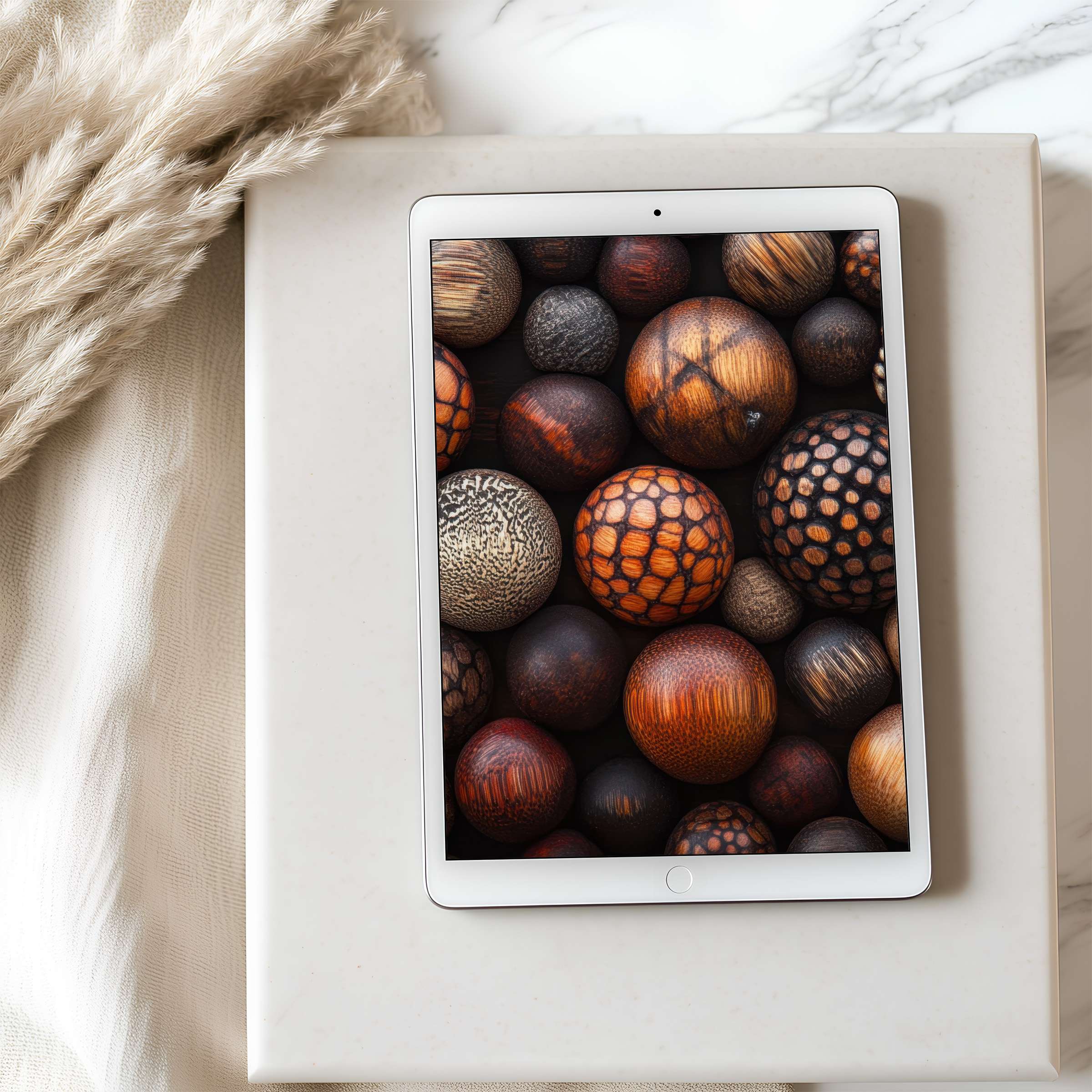 Elegant tablet wallpaper featuring textured wooden spheres against a muted backdrop, perfect for iPad or Android, high resolution download