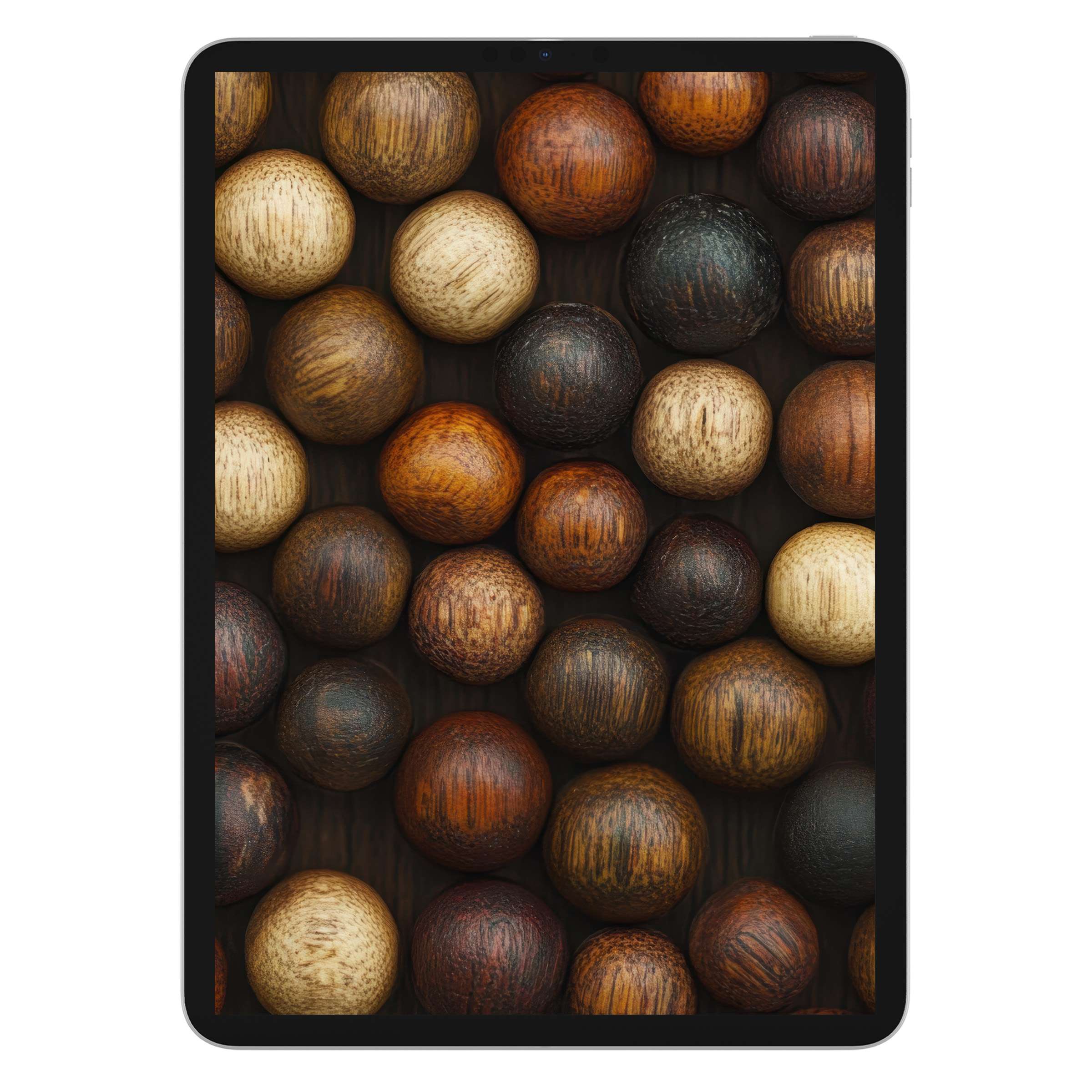Unique boho iPad wallpaper featuring warm wooden spheres perfect for a calming digital download background on any tablet