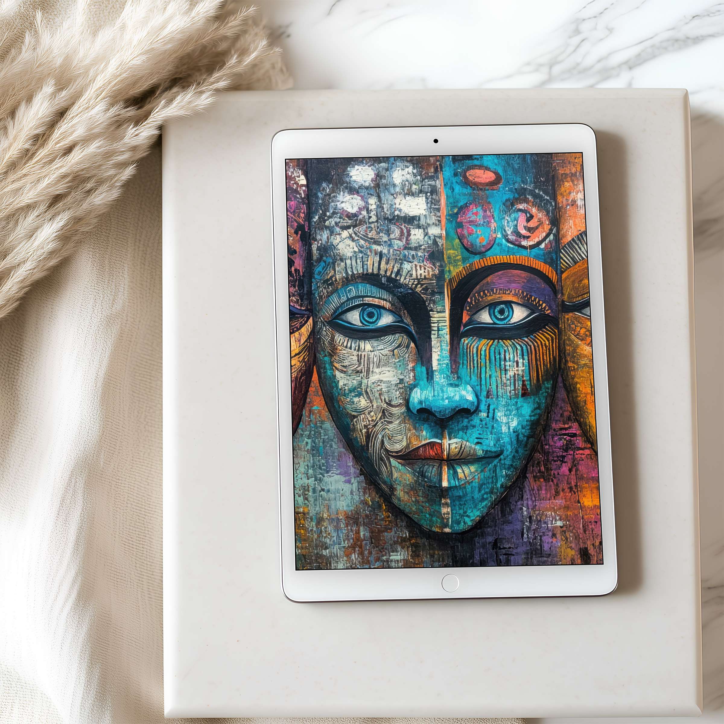 Colorful abstract face painting as tablet wallpaper brings calm elegance to curated interiors suitable for iPad and Android tablets