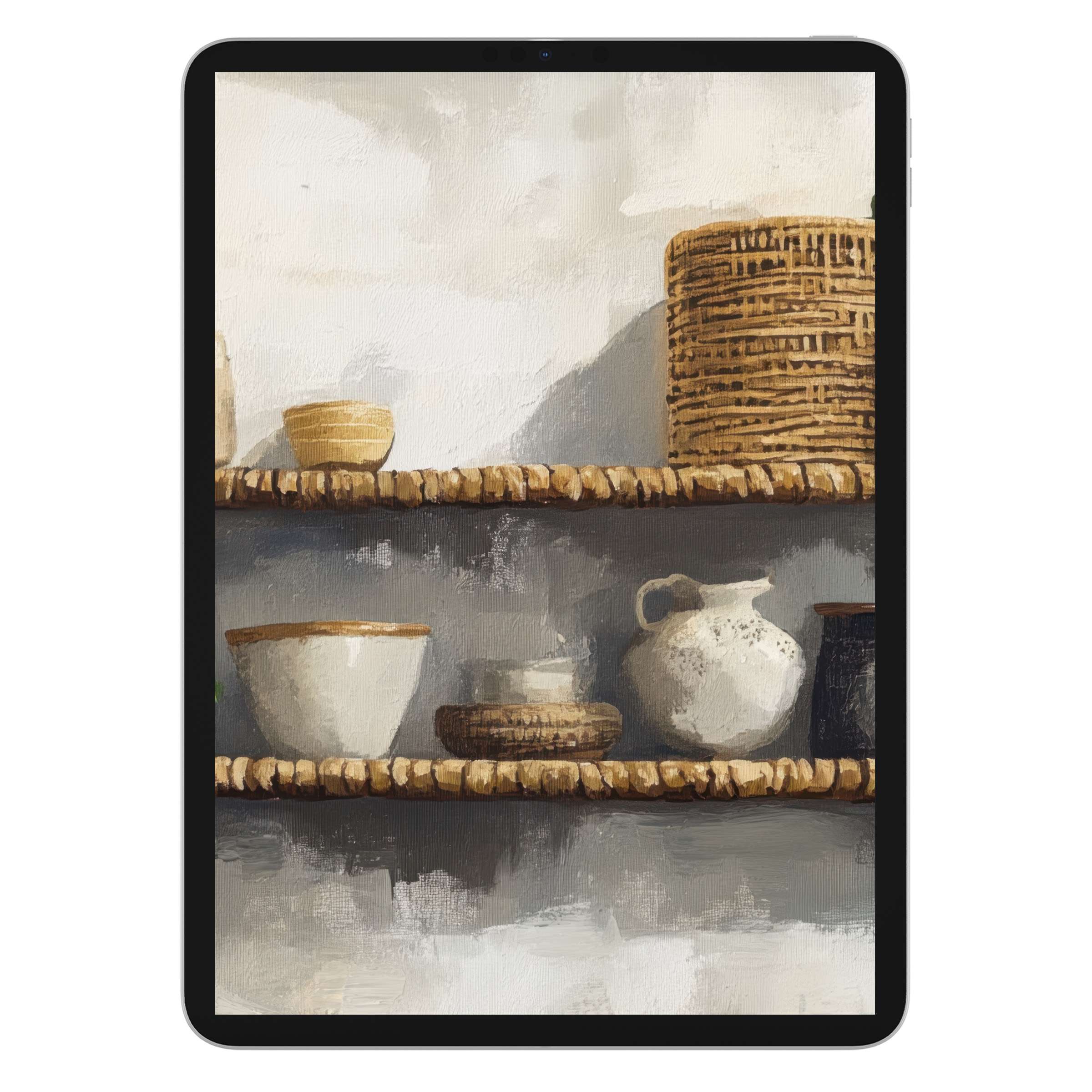 Boho iPad wallpaper showcasing rustic ceramics on woven shelves in earthy tones ideal for an elegant digital download tablet background