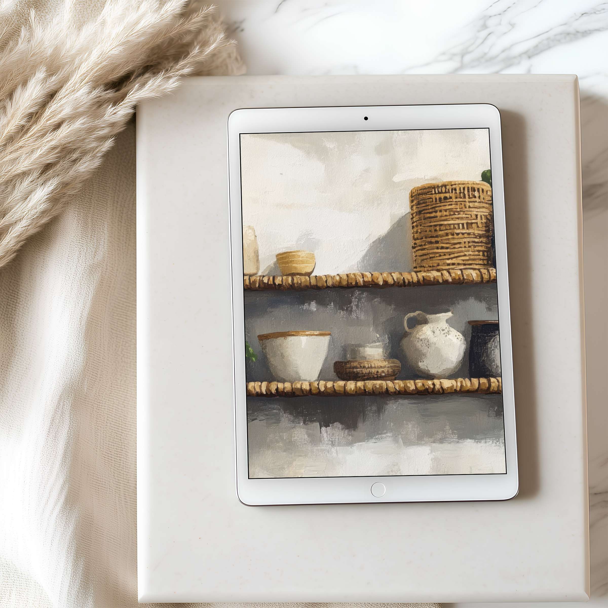 Elegant tablet wallpaper featuring rustic shelf still life in warm tones, ideal for iPad, high resolution for digital tranquility